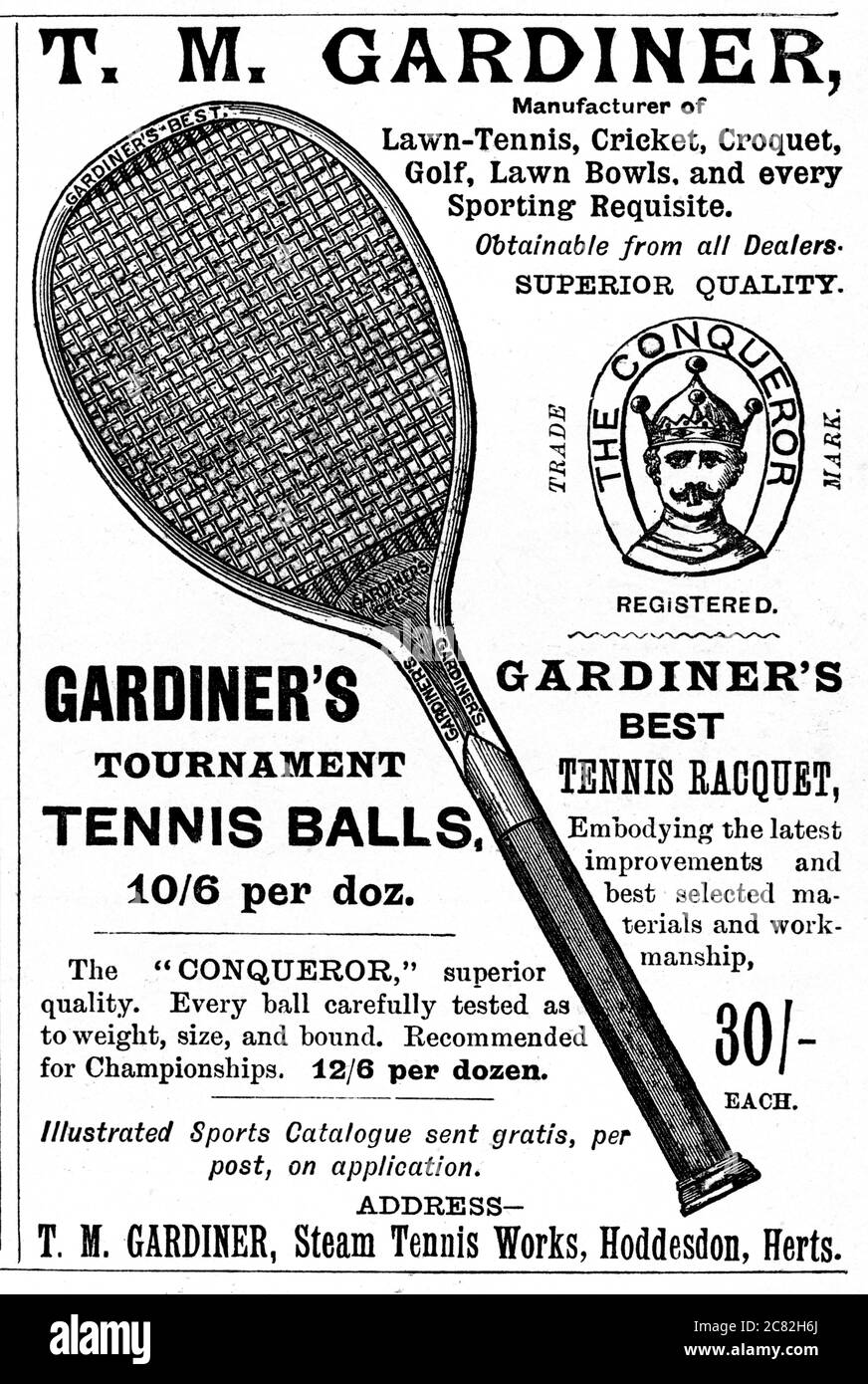 Gardiner tennis, 1894 magazine publicitaire pour le fabricant d'équipements sportifs de Hertfordshire, fabricant de balles de tennis Conqueror Banque D'Images
