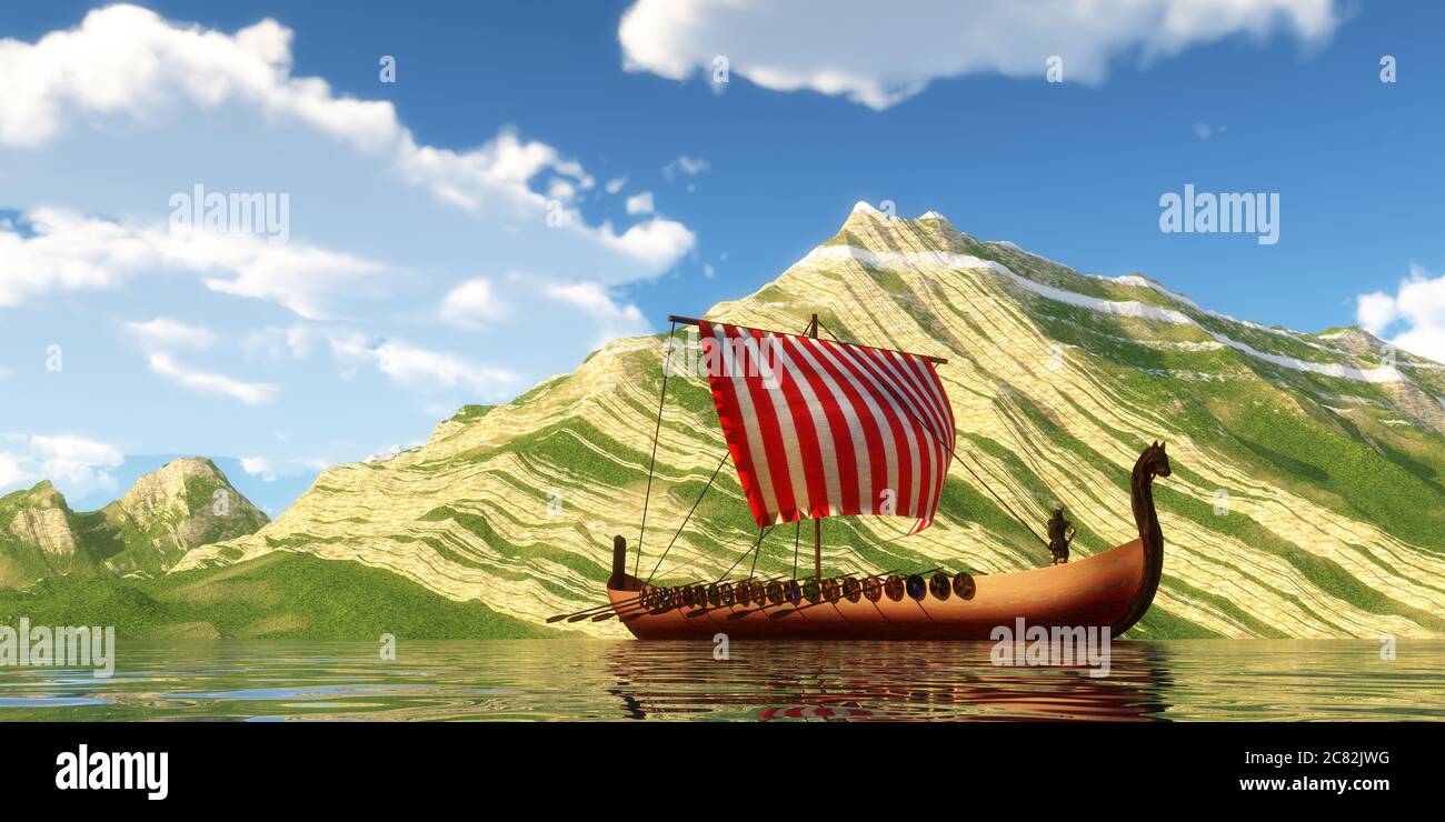 Un bateau viking et des explorateurs naviguent au-delà d'un rivage de montagne dans une terre éloignée, par une journée ensoleillée. Banque D'Images