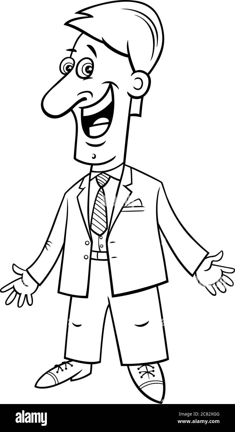 Dessin animé noir et blanc Illustration d'un homme d'affaires heureux ou d'un personnage de couleur de costume page de livre Illustration de Vecteur