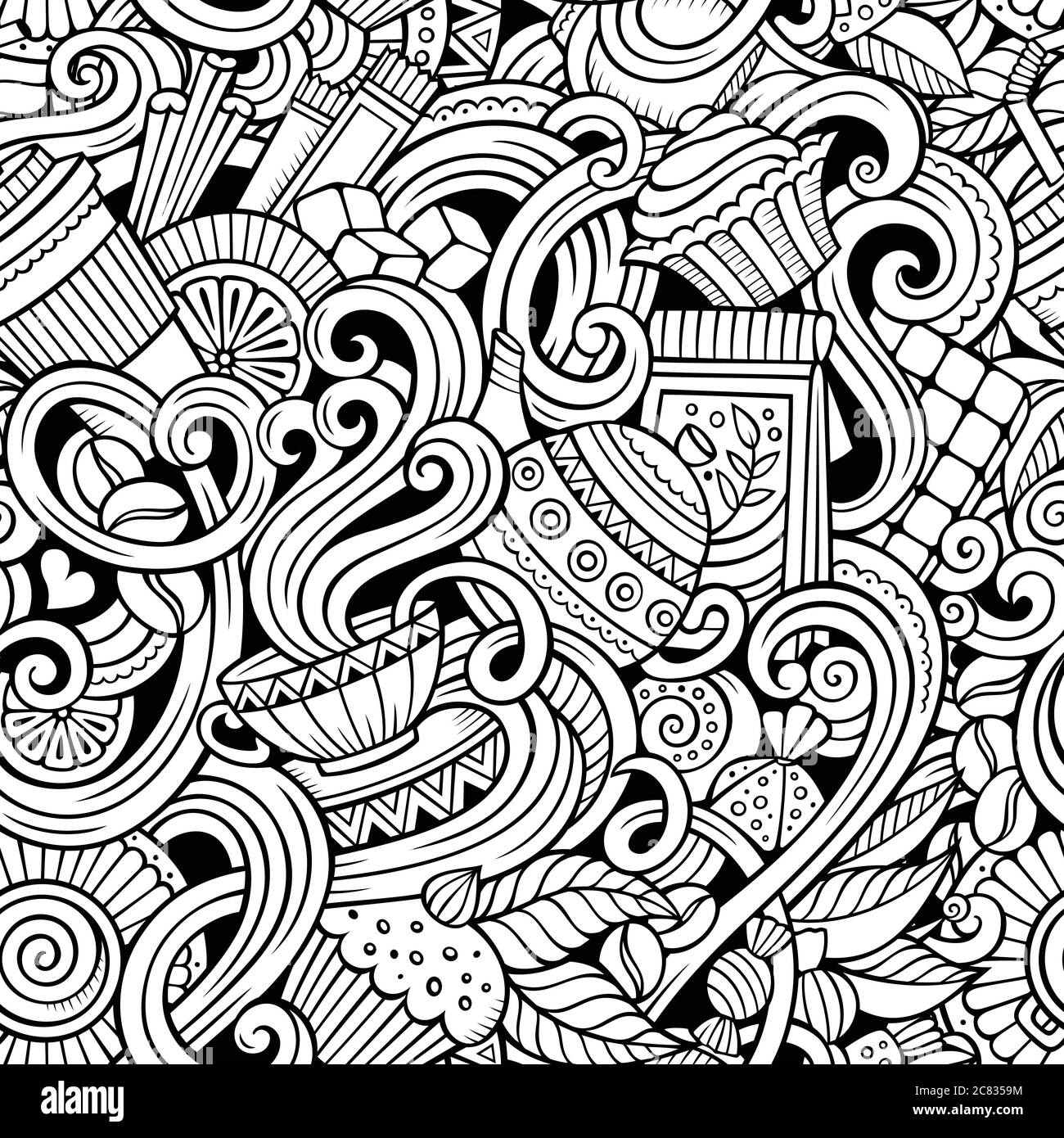 Dessins animés dessinés à la main de café, café-restaurant sans couture motif Illustration de Vecteur