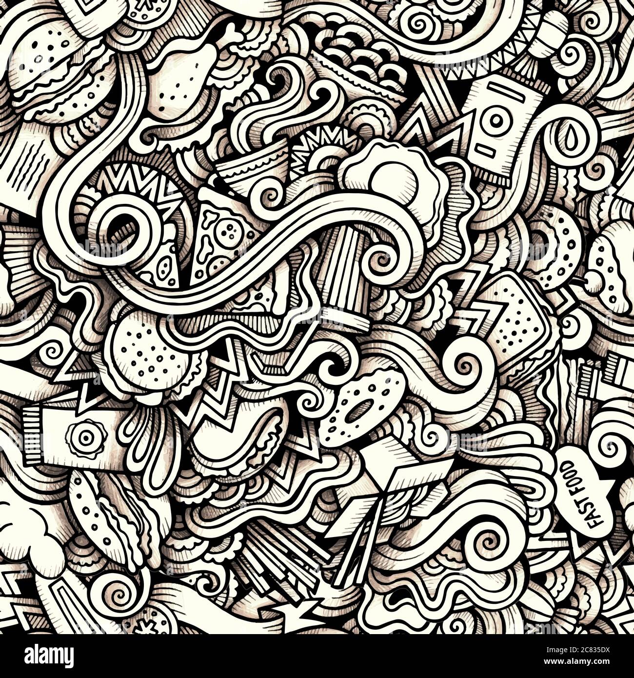 Dessins animés dessinés à la main sur le thème du style Fast Food Illustration de Vecteur