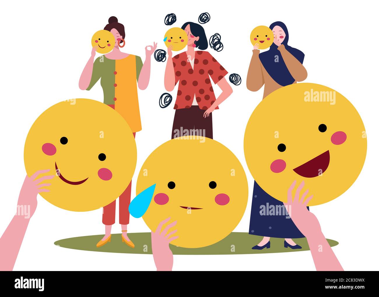 Trois caractères femme tenant masque émoticône personnage sourire triste rire avec le style de dessin animé plat. Illustration de Vecteur