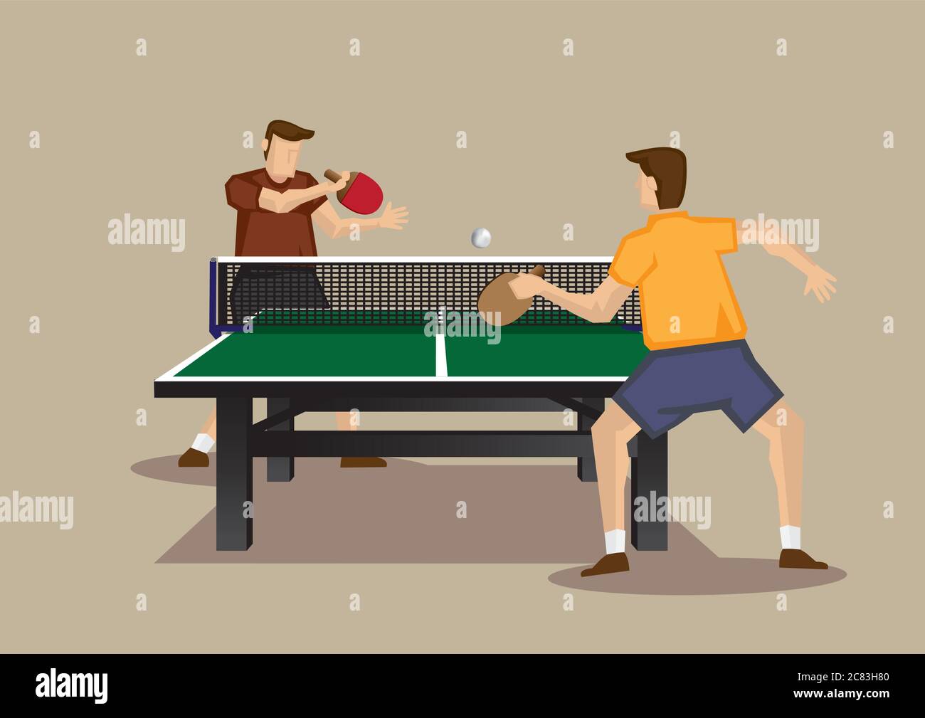 Deux joueurs jouent au tennis de table avec ping-pong et raquettes de  tennis de table. Illustration vectorielle d'un jeu de tennis de table vue  d'une extrémité de table Image Vectorielle Stock -