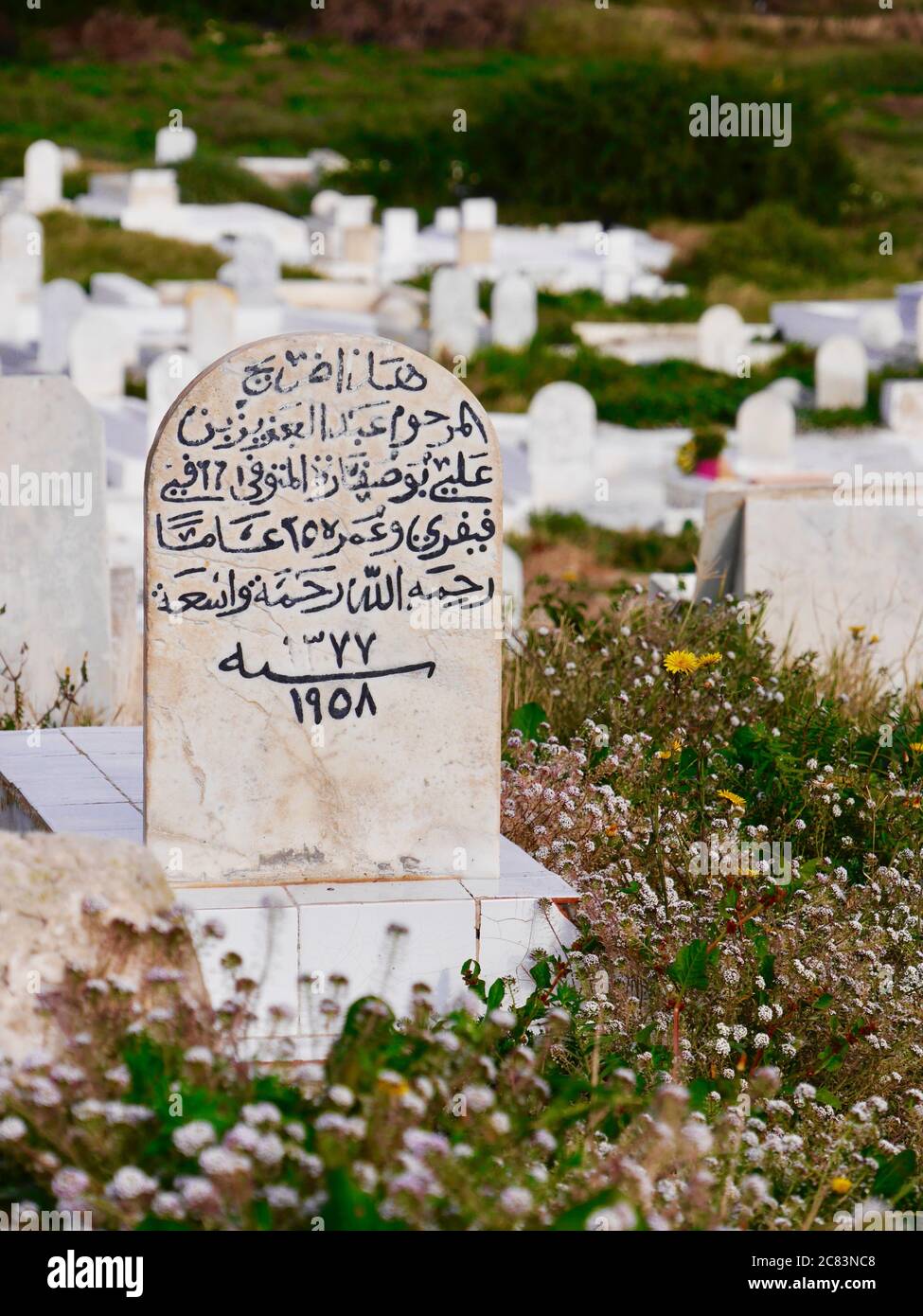 Gros plan de pierre tombale gravée en arabe dans un cimetière, Mahdia, Tunisie Banque D'Images