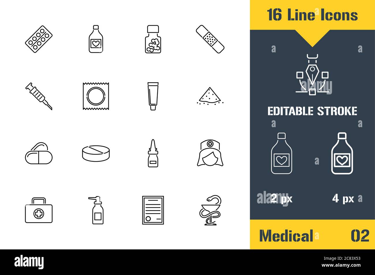 Pharmacie, médicaments médicaments pilules. Icône de ligne mince - Contour de l'illustration vectorielle plate. Pictogramme de contour modifiable. Concept graphique de qualité supérieure pour le Web Illustration de Vecteur