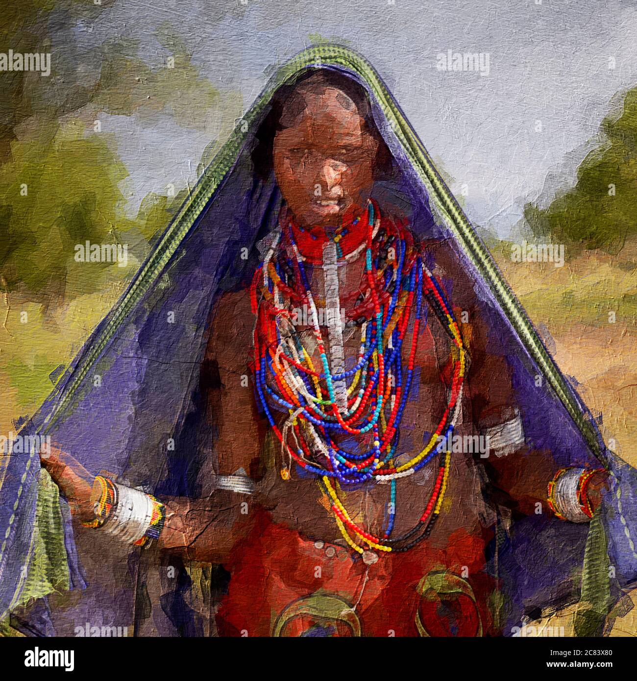 Illustration de peinture d'une femme de tribu africaine avec des ornements traditionnels Banque D'Images