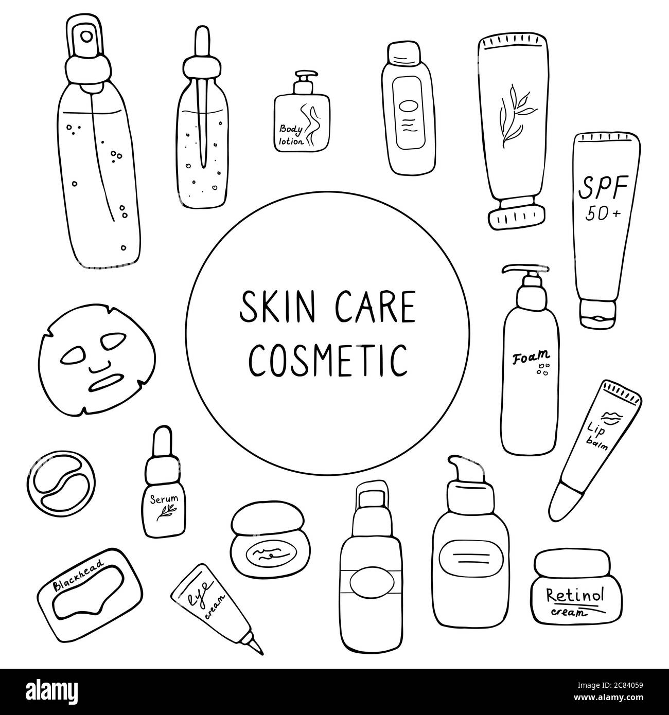 Ensemble de cosmétiques pour les soins de la peau. Produits de beauté pour la routine quotidienne. Joli emballage de cosmétiques dessinés à la main. Illustration vectorielle Illustration de Vecteur