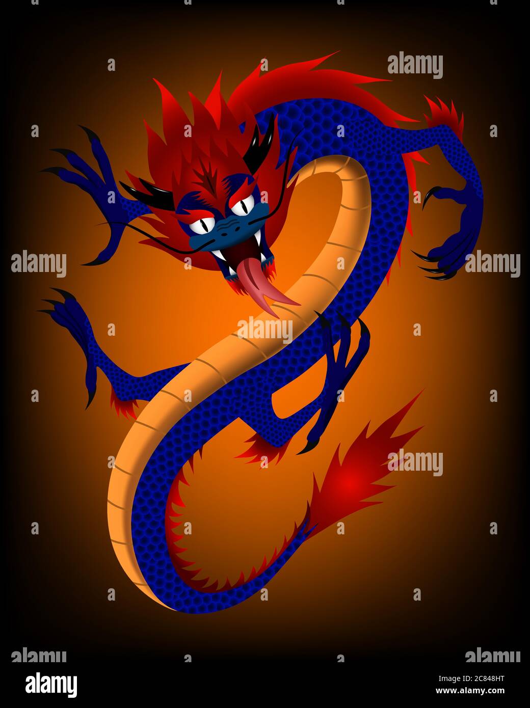 Illustration vectorielle d'un dragon chinois. Son corps est bleu et rouge sur fond orange et noir. Illustration de Vecteur