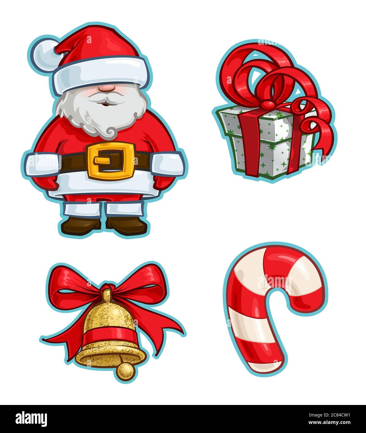 Ensemble de dessins animés du Père Noël, un cadeau de ruban rouge enveloppé  de vert, une cloche de Noël et une canne à sucre. Illustrations lignes,  couleur, ombres an Image Vectorielle Stock -