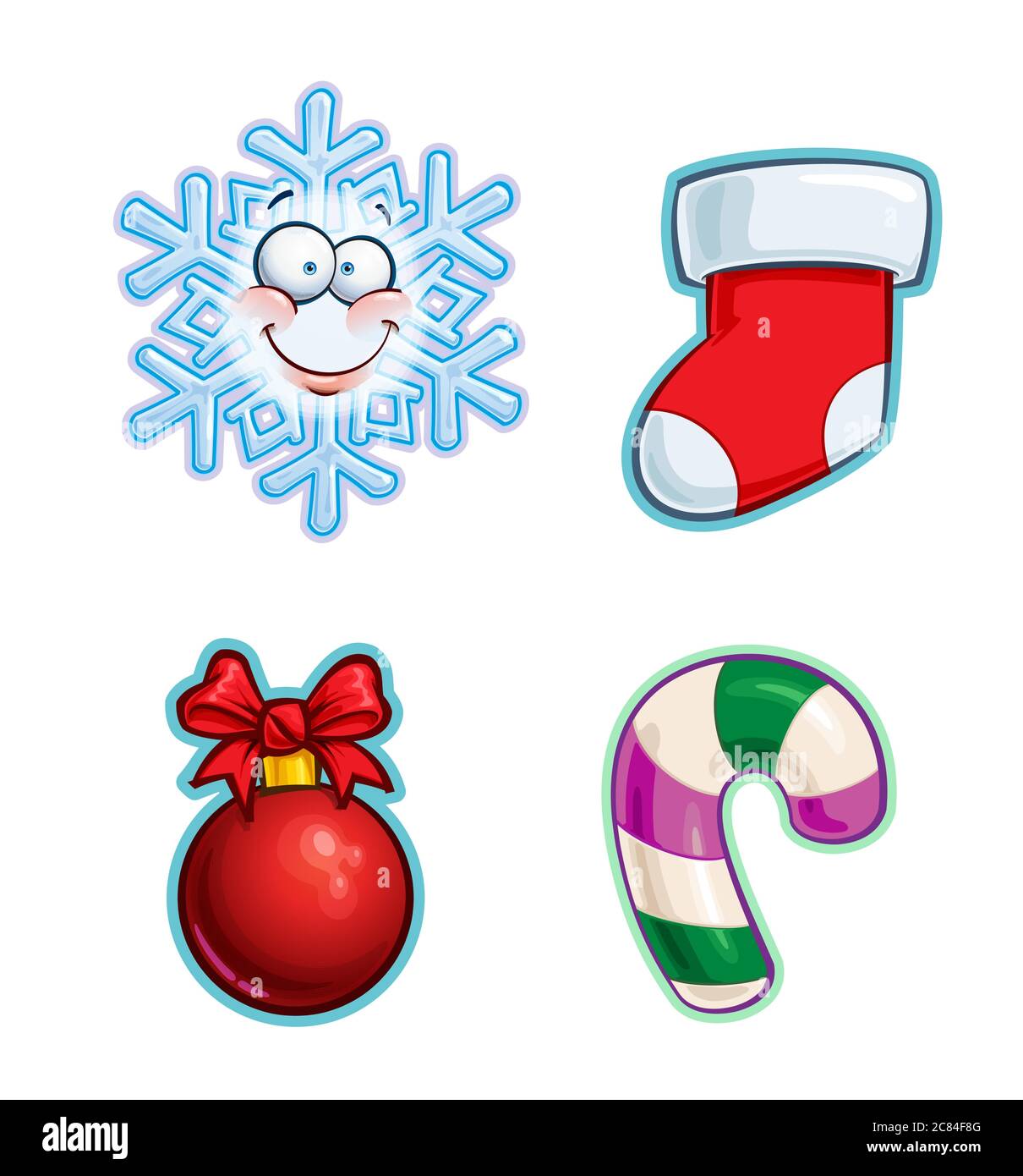 Ensemble d'icônes de dessin animé représentant un motif de flocon de neige,  un chausson rouge, un ruban de Noël et une canne à sucre. Illustrations  lignes, couleur, ombres et Li Image Vectorielle