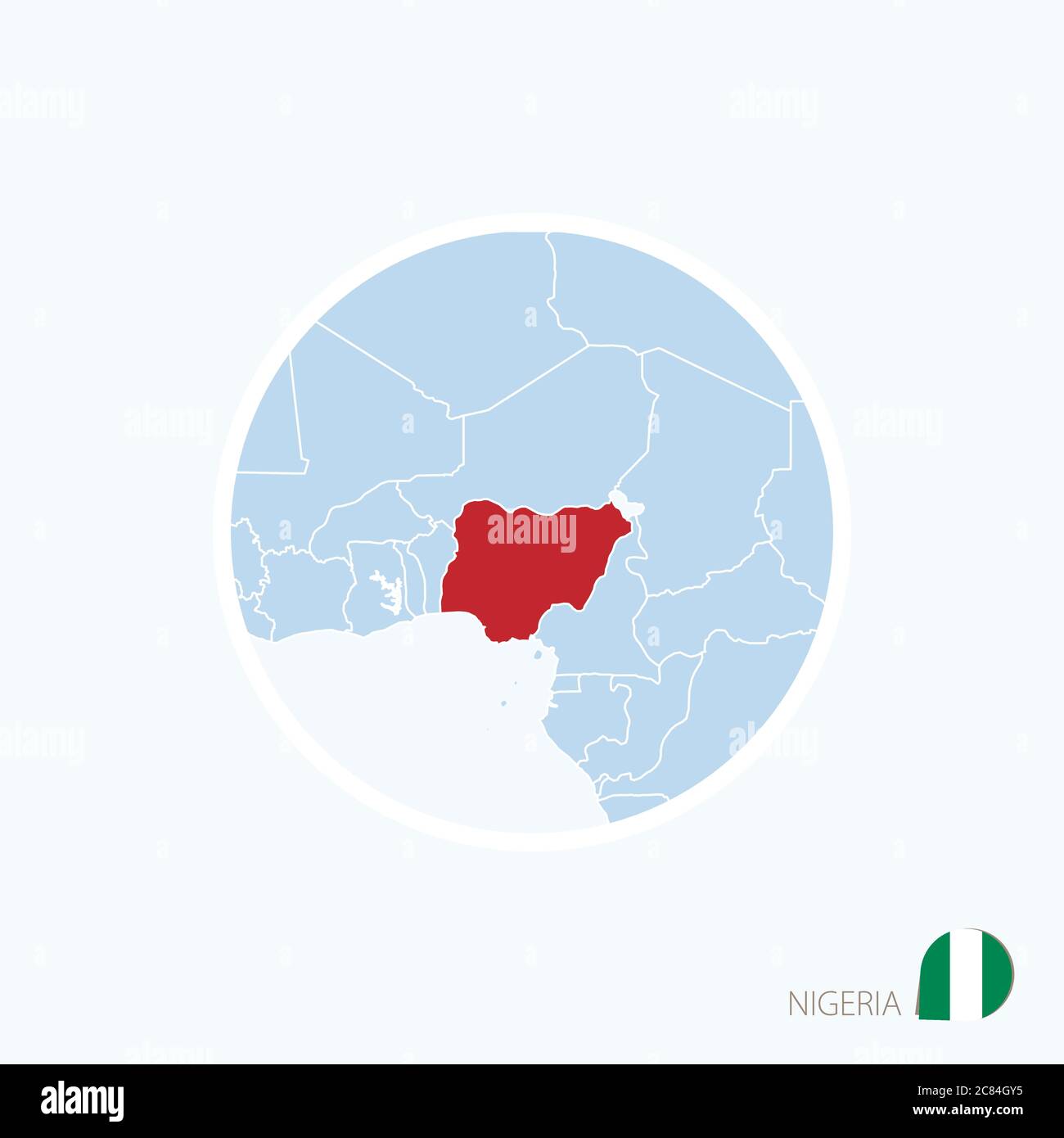 Carte du Nigeria. Carte bleue de l'Afrique de l'Ouest avec le Nigeria en surbrillance en rouge. Illustration vectorielle. Illustration de Vecteur