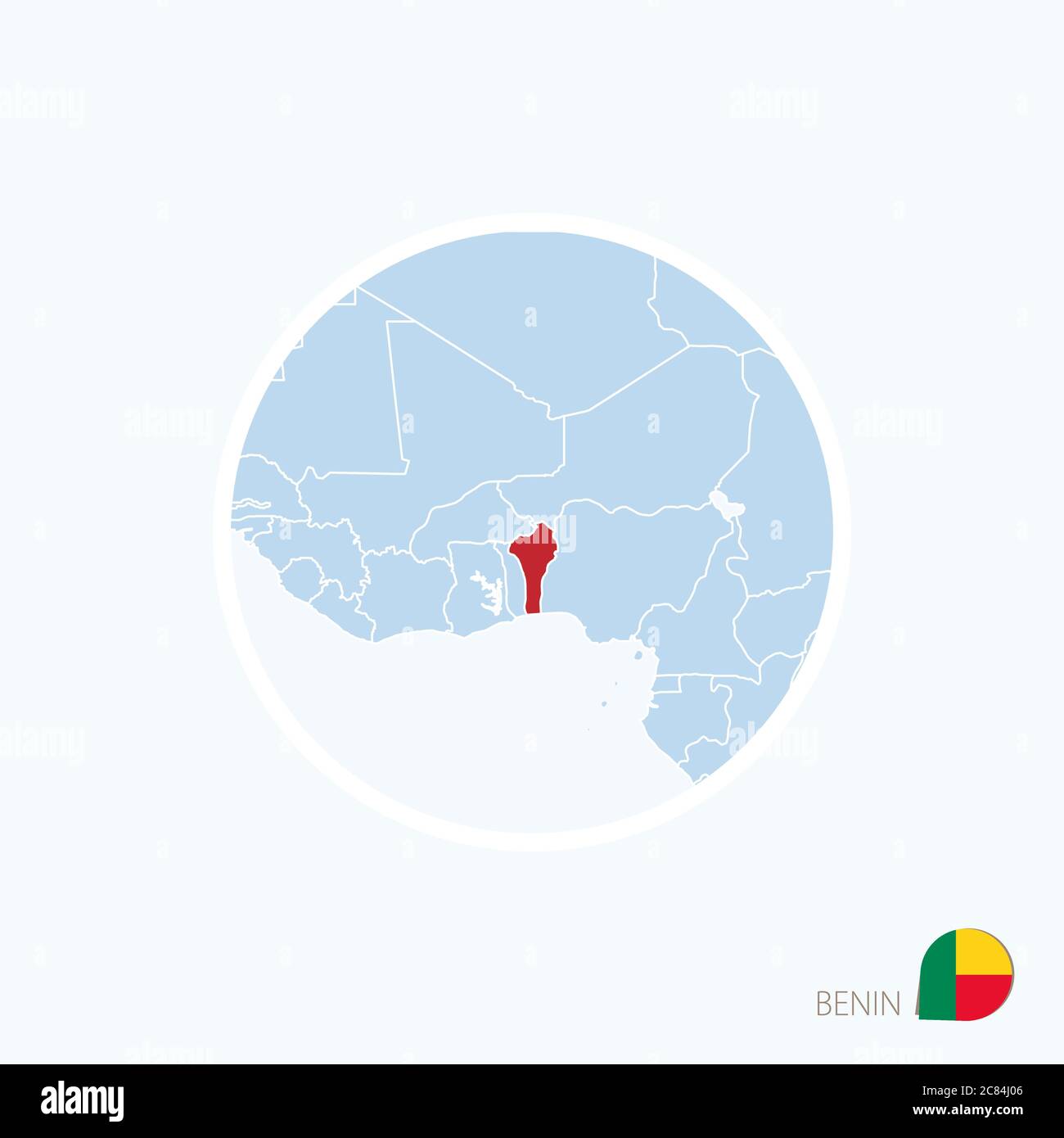 Icône carte du Bénin. Carte bleue de l'Afrique de l'Ouest avec le Bénin en surbrillance en rouge. Illustration vectorielle. Illustration de Vecteur