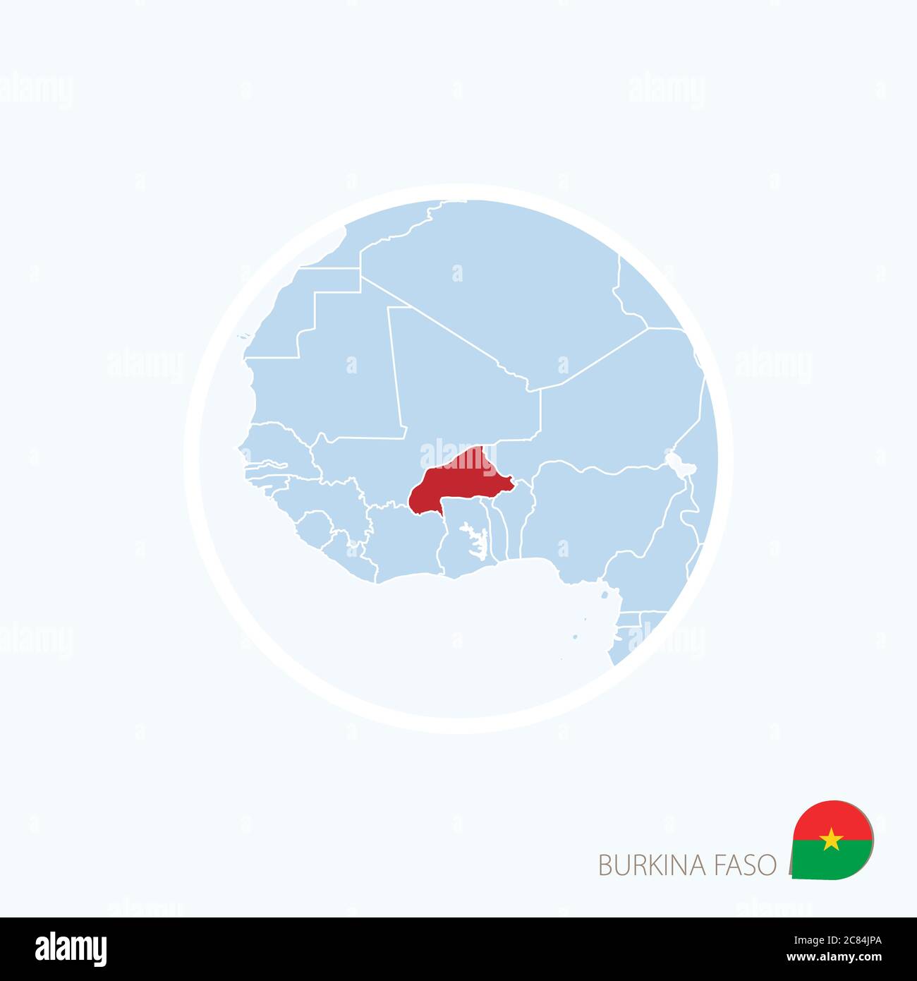 Carte icône du Burkina Faso. Carte bleue de l'Afrique de l'Ouest avec le Burkina Faso en surbrillance en rouge. Illustration vectorielle. Illustration de Vecteur