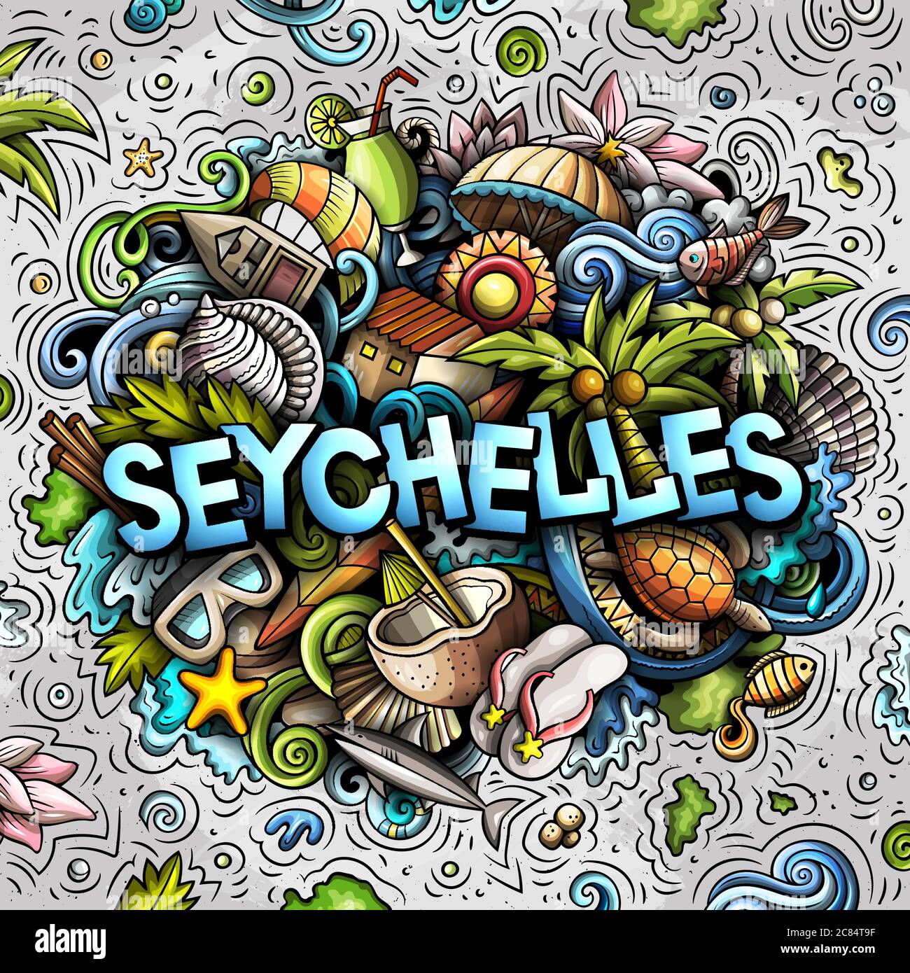 Illustration de dessins animés à la main aux Seychelles. Design amusant. Illustration de Vecteur