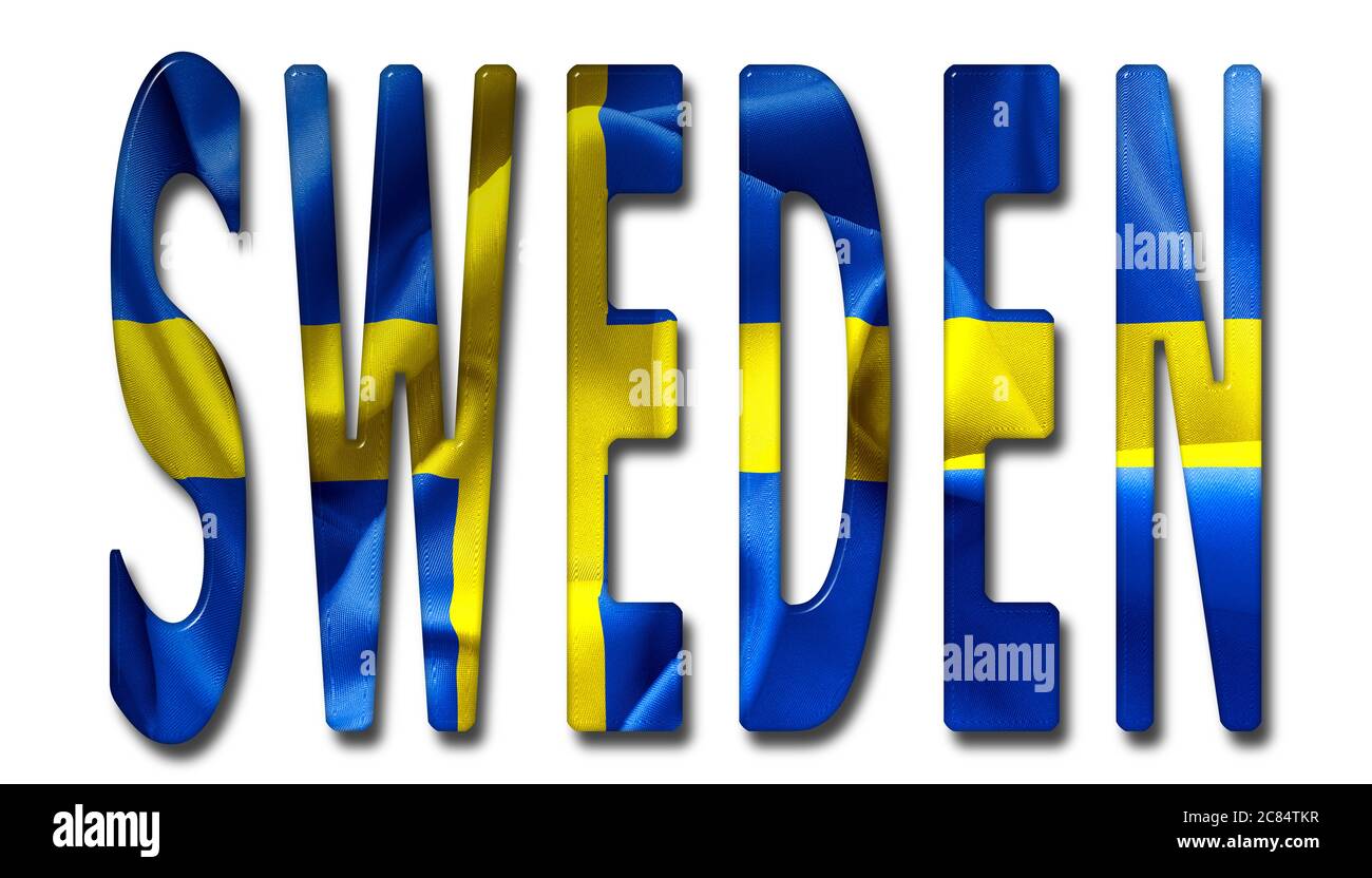 Mot suédois avec une texture de drapeau biseauté sur un fond blanc isolé avec un chemin de coupure avec et sans ombres Banque D'Images