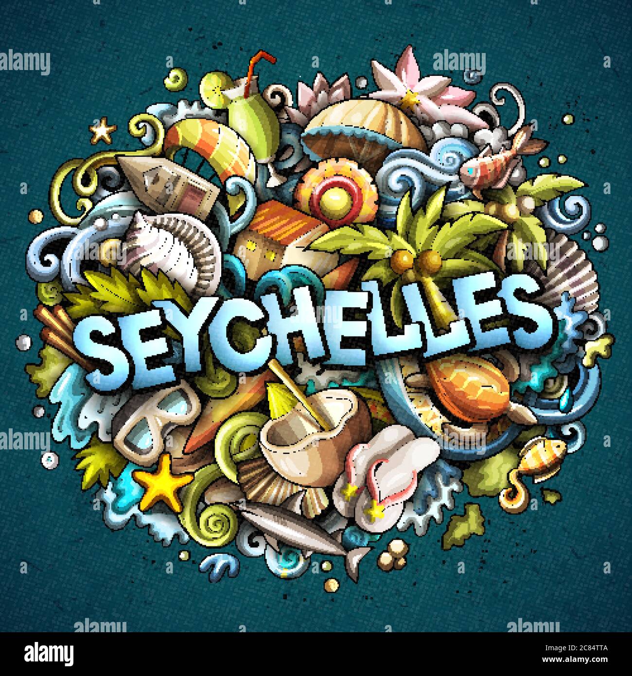 Illustration de dessins animés à la main aux Seychelles. Design amusant. Illustration de Vecteur