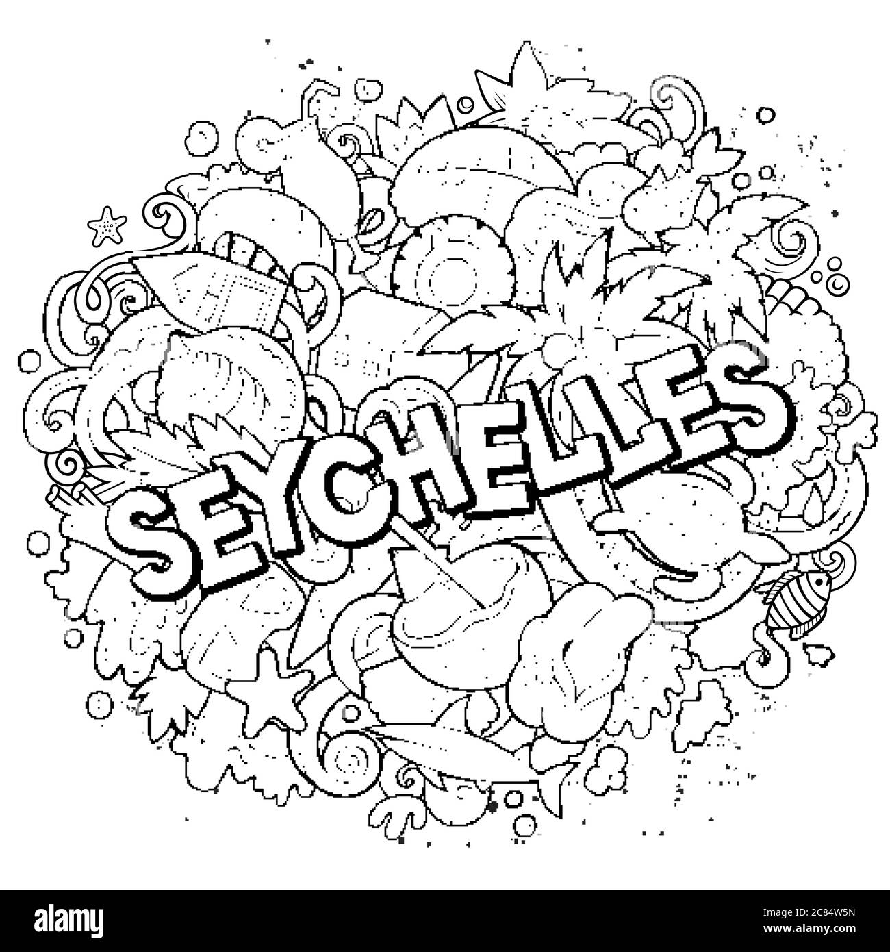 Illustration de dessins animés à la main aux Seychelles. Design amusant. Illustration de Vecteur