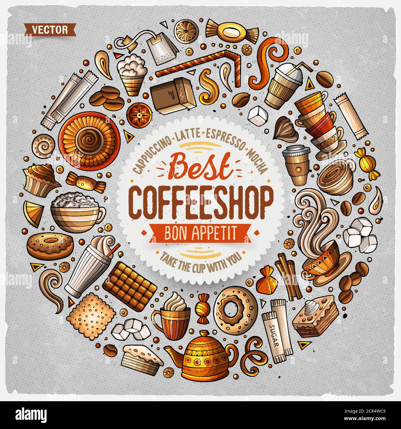 Ensemble de dessins animés du café, objets, symboles et objets Illustration de Vecteur