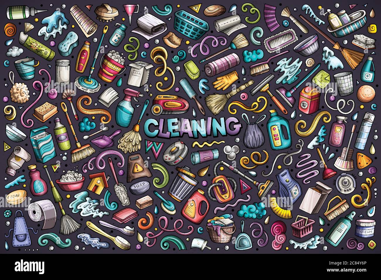 Ensemble de dessins animés à motif vectoriel coloré d'objets et de symboles de nettoyage Illustration de Vecteur