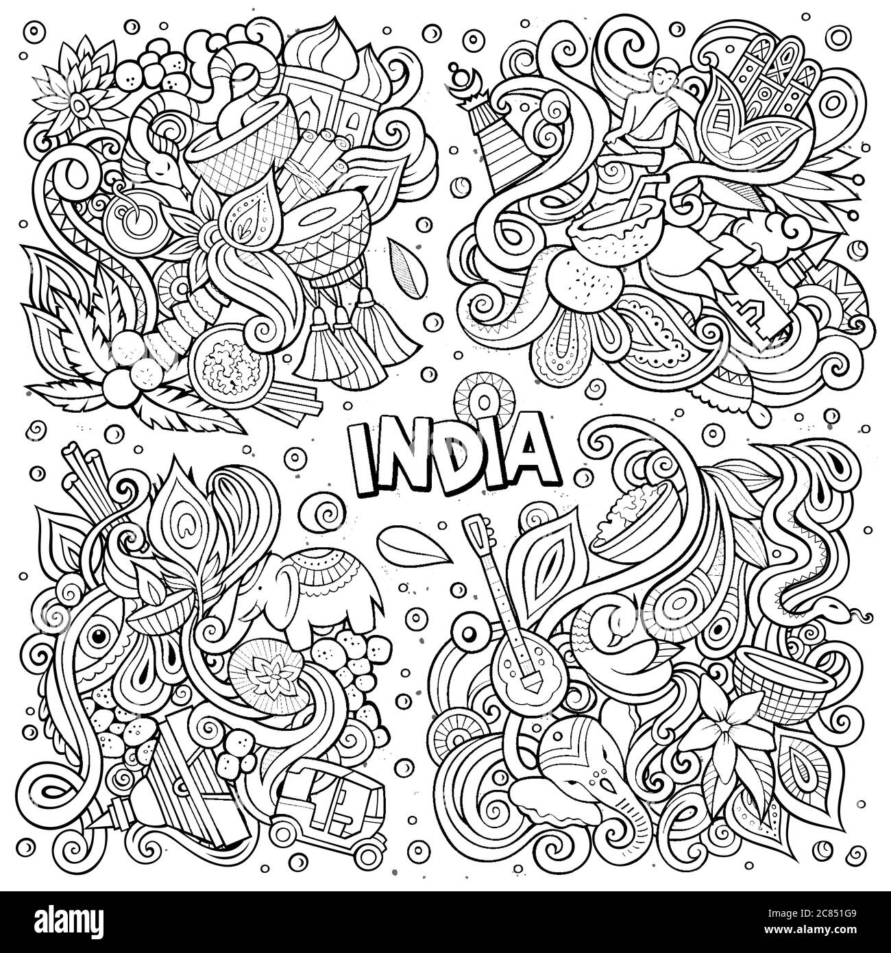 Dessin au trait vectoriel dessins à la main dessin dessin animé ensemble de  l'Inde combinaisons d'objets Image Vectorielle Stock - Alamy