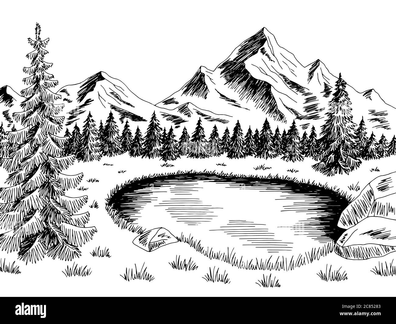 Mountain Pond Graphic noir blanc paysage dessin illustration vecteur Illustration de Vecteur