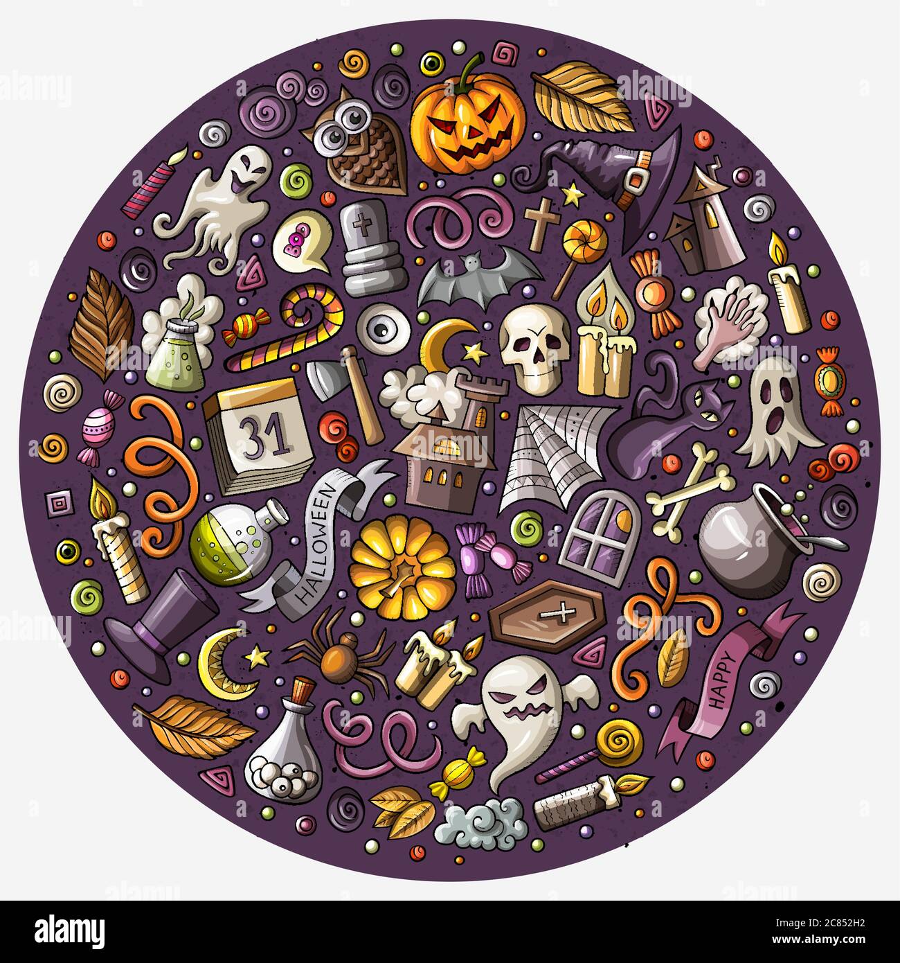 Ensemble d'objets, symboles et éléments de dessin animé d'Halloween Illustration de Vecteur