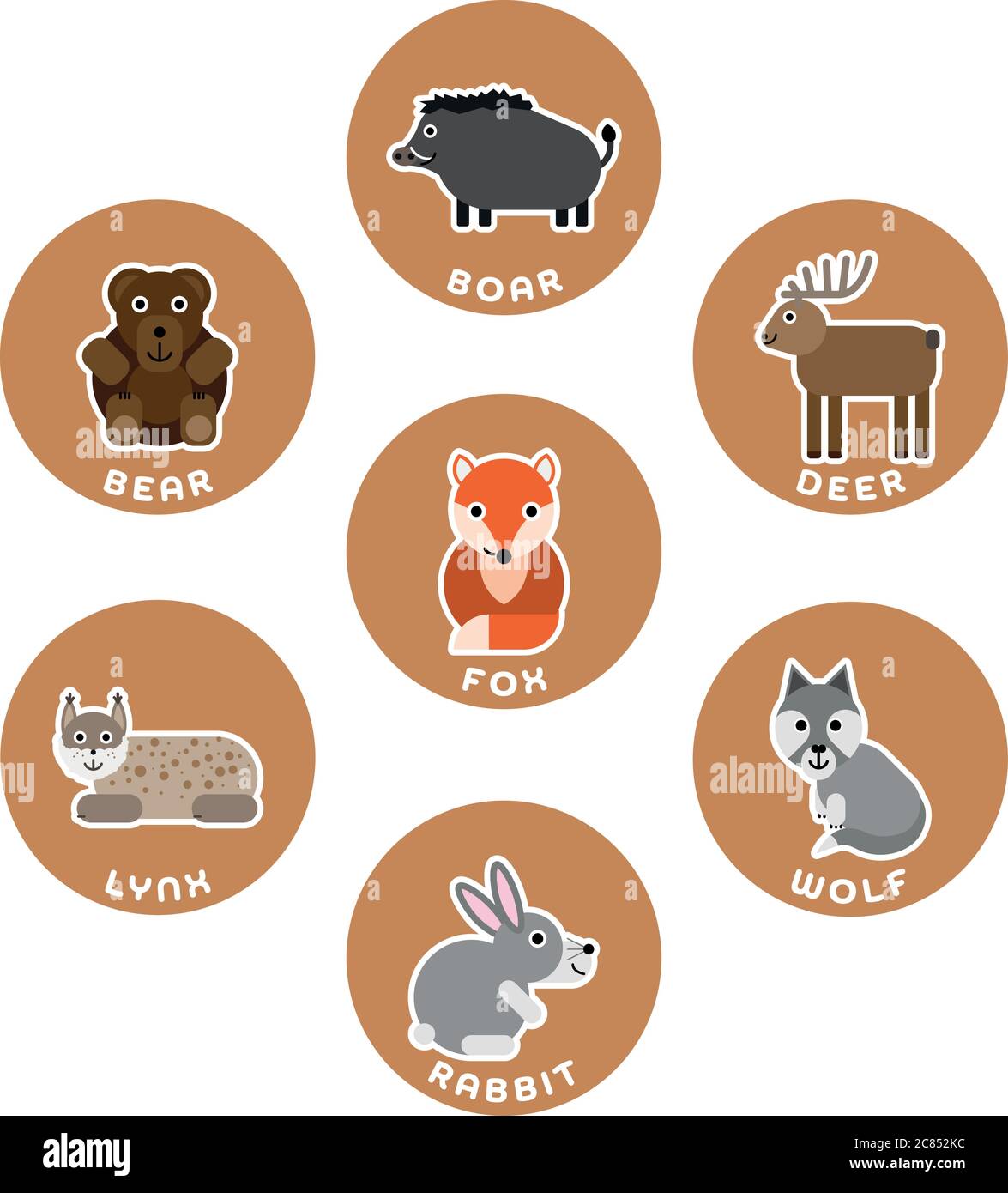 Collection d'animaux sauvages de la forêt. Jeu de 7 caractères de dessin animé dans le cercle avec des étiquettes de nom. Illustration vectorielle. Illustration de Vecteur
