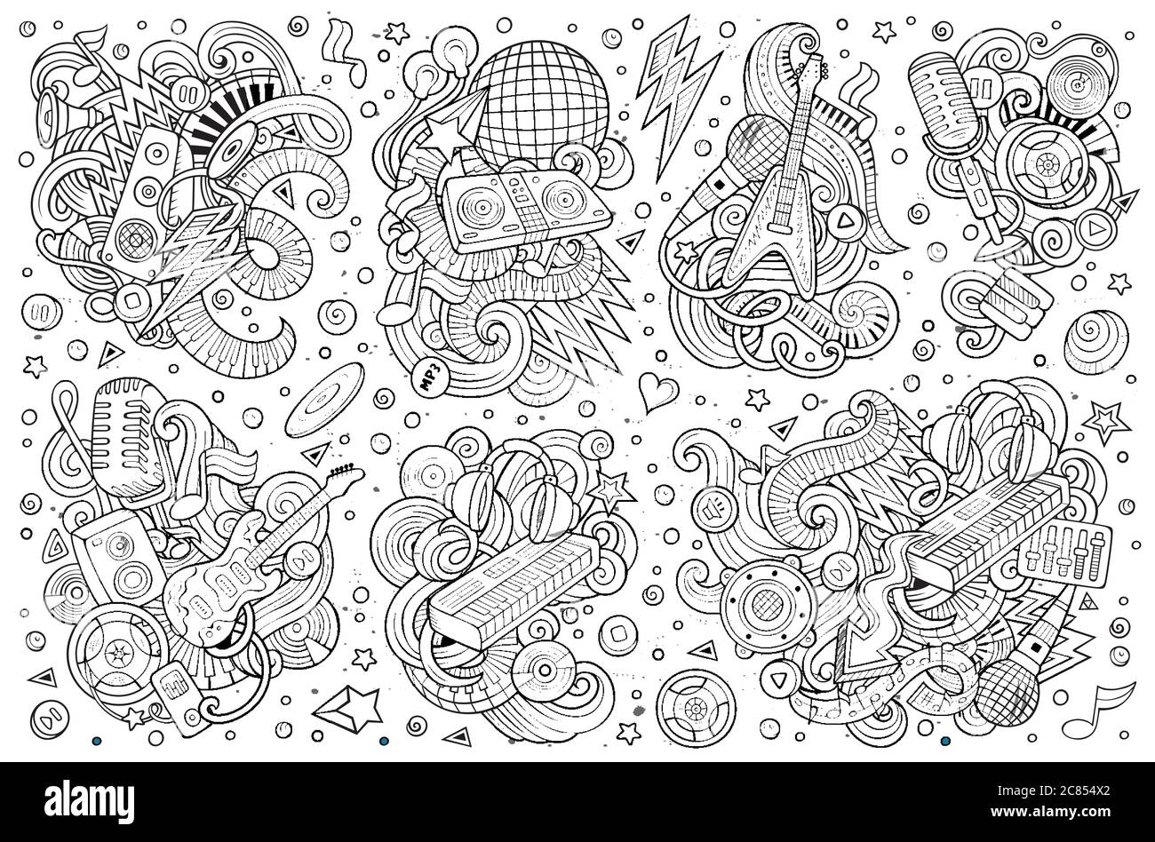 Vector Doodles ensemble de dessins animés de combinaisons d'objets de musique disco Illustration de Vecteur