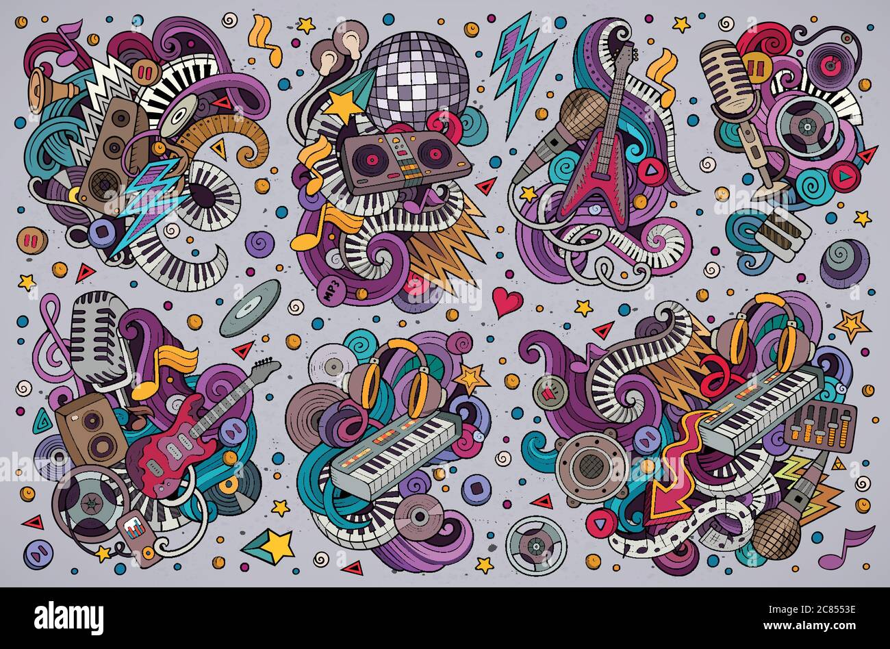 Des dessins vectoriels colorés se combinent à des combinaisons d'objets de musique disco Illustration de Vecteur