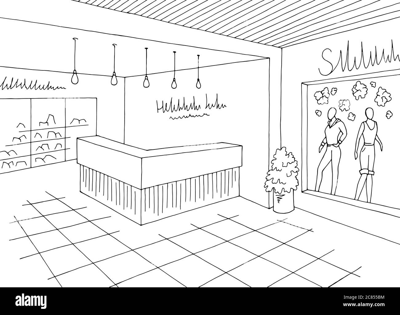 Illustration vectorielle d'un dessin d'intérieur noir blanc graphique de centre commercial Illustration de Vecteur
