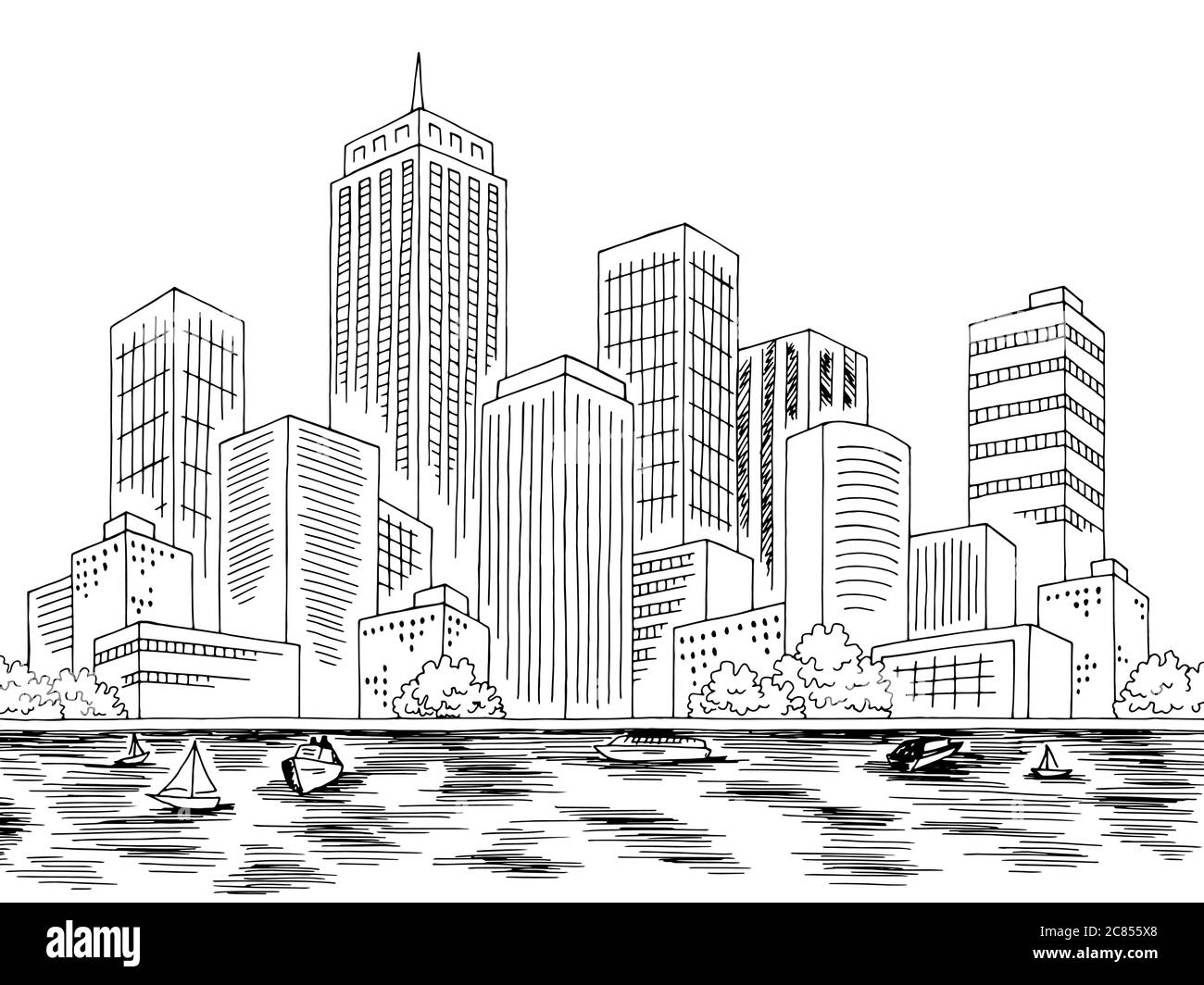 Ville mer graphique côte noir blanc paysage urbain esquisse vecteur d'illustration Illustration de Vecteur
