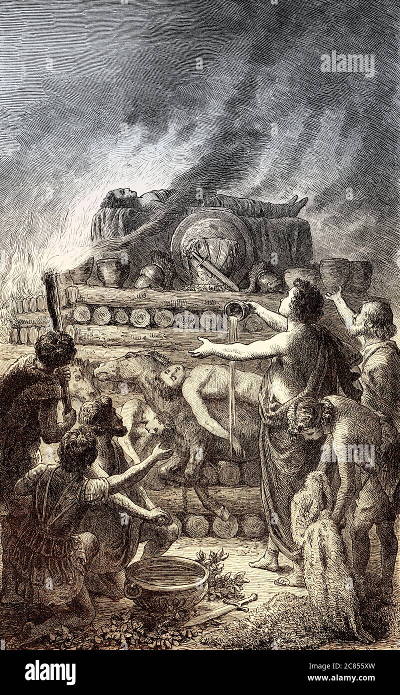 Patrocle incinéré sur un bûcher, la mythologie grecque Banque D'Images