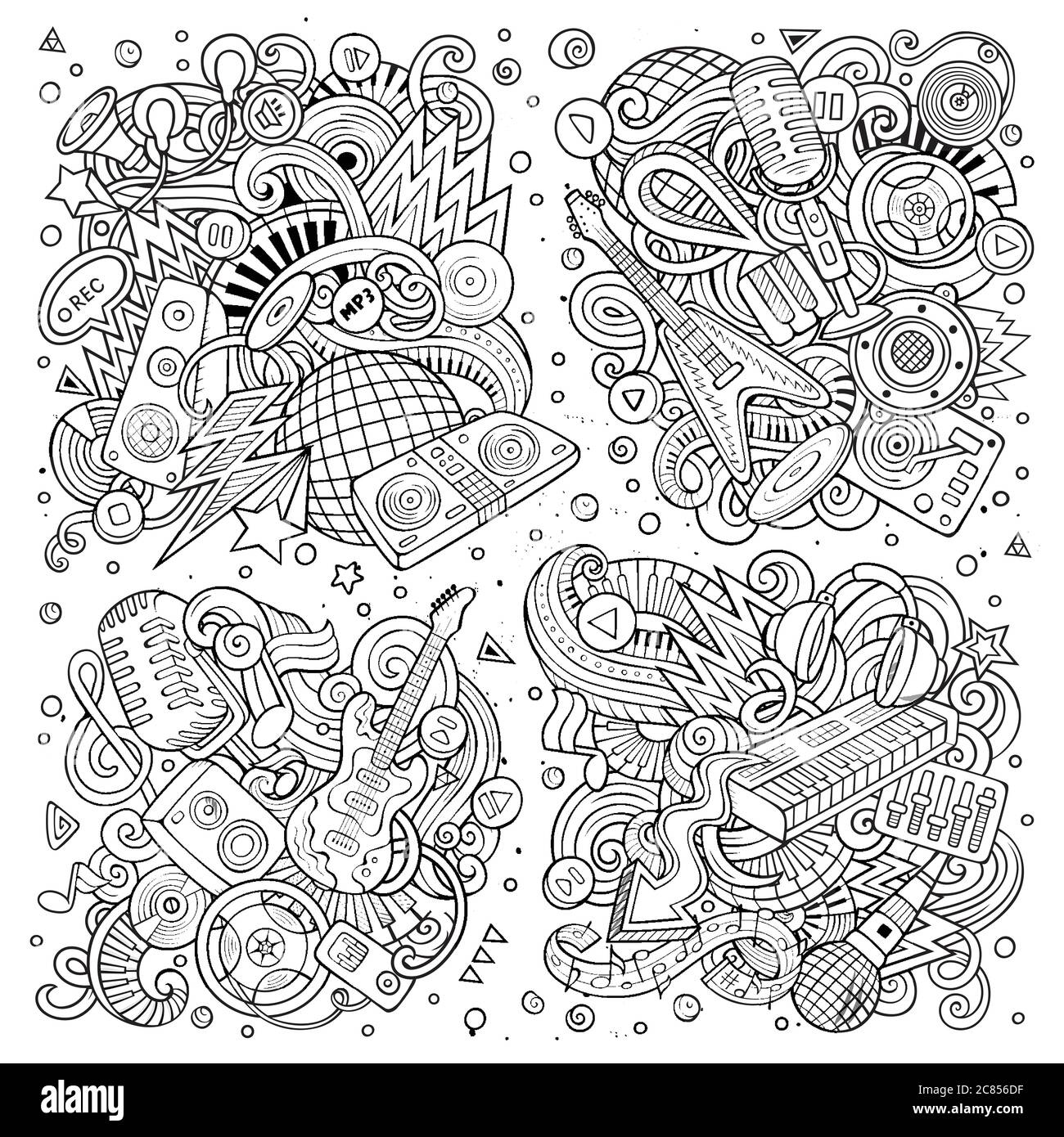 Vector Doodles ensemble de dessins animés de combinaisons d'objets de musique disco Illustration de Vecteur