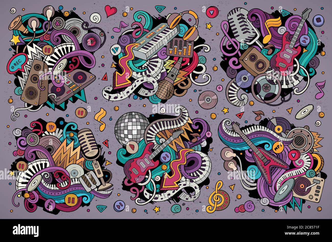 Des dessins vectoriels colorés se combinent à des combinaisons d'objets de musique disco Illustration de Vecteur