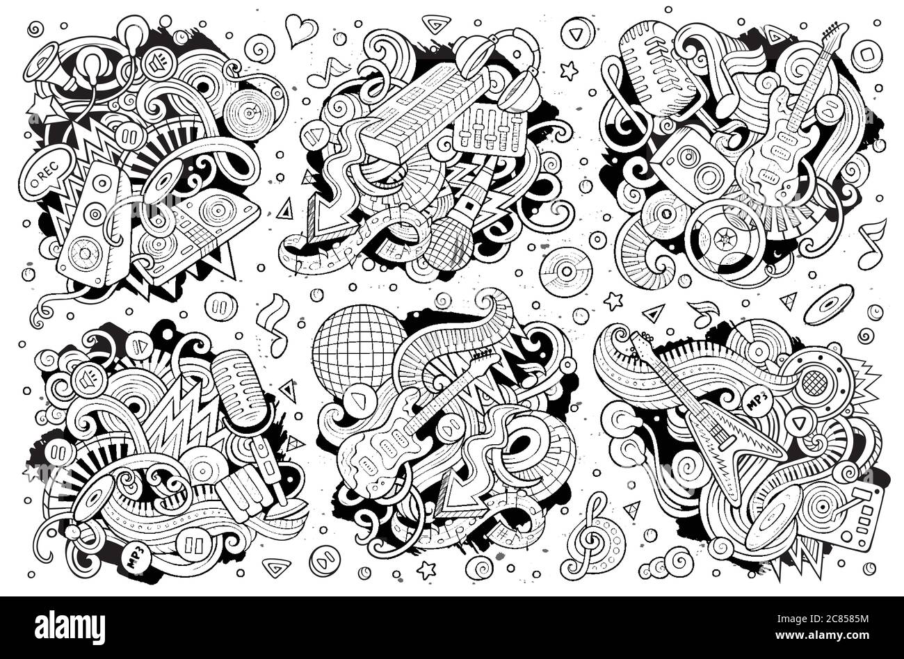 Vector Doodles ensemble de dessins animés de combinaisons d'objets de musique disco Illustration de Vecteur