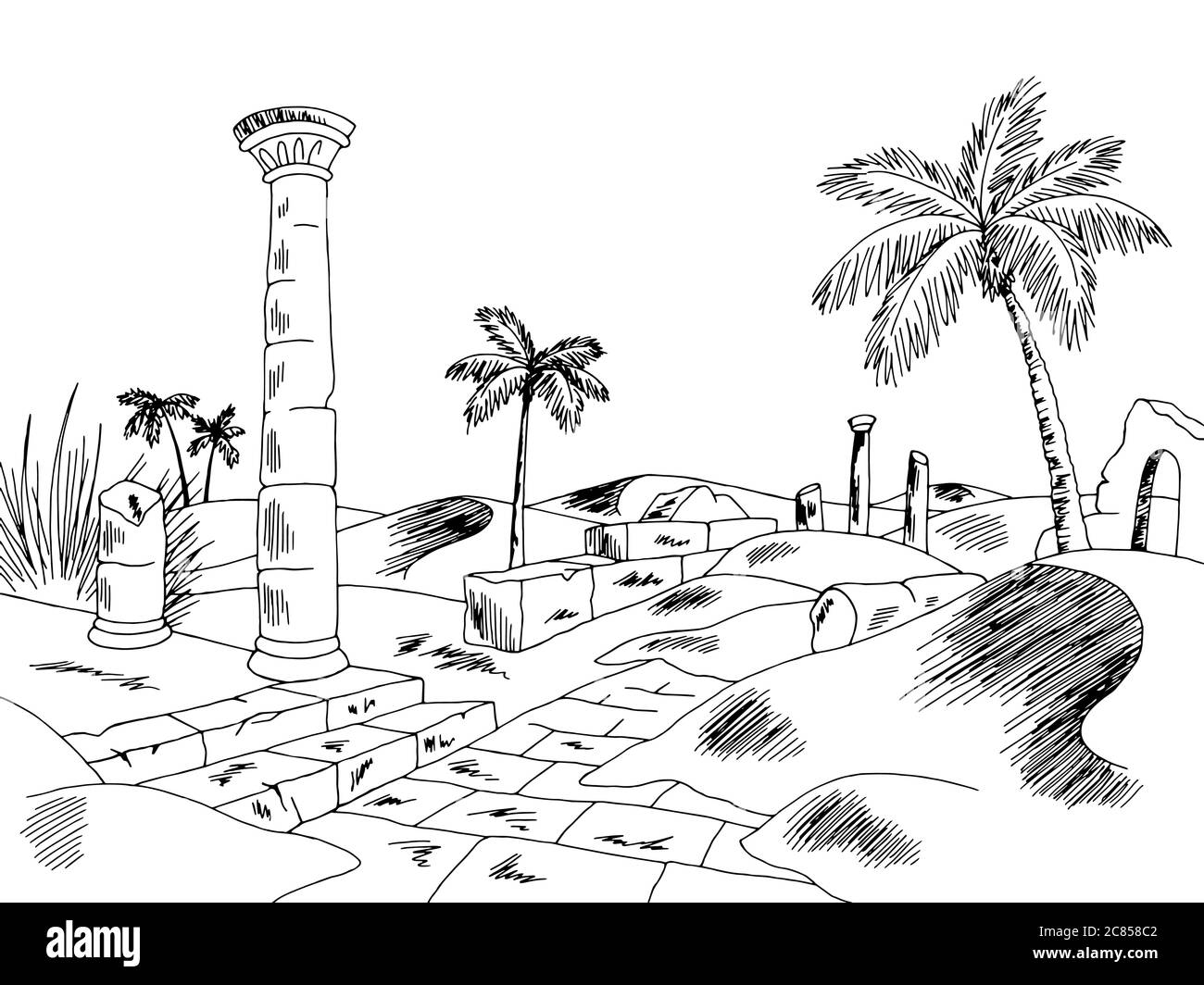Desert Ruin graphique noir blanc paysage dessin illustration vecteur Illustration de Vecteur