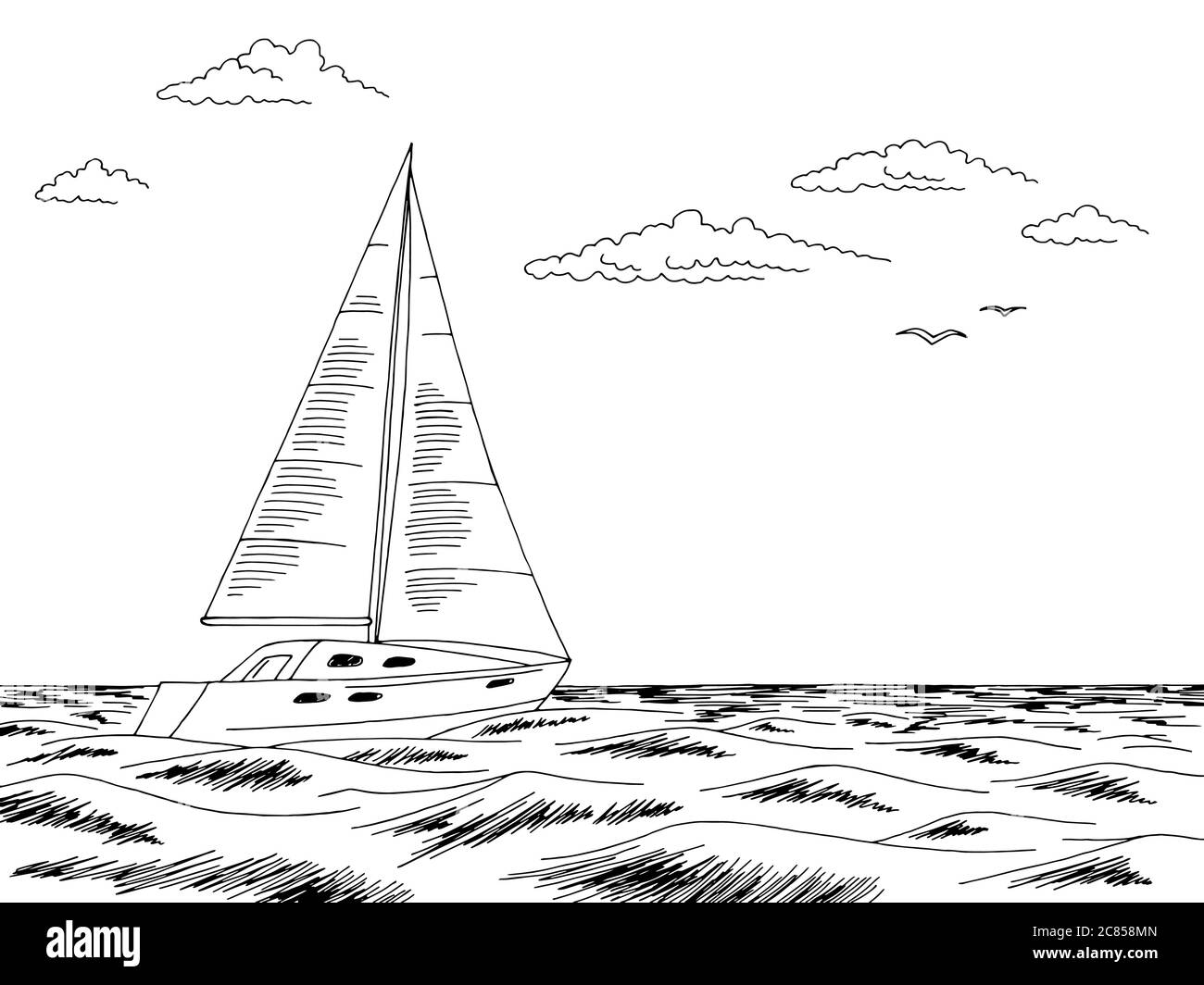Yacht Travel régate graphique noir blanc dessin de mer vecteur d'illustration Illustration de Vecteur