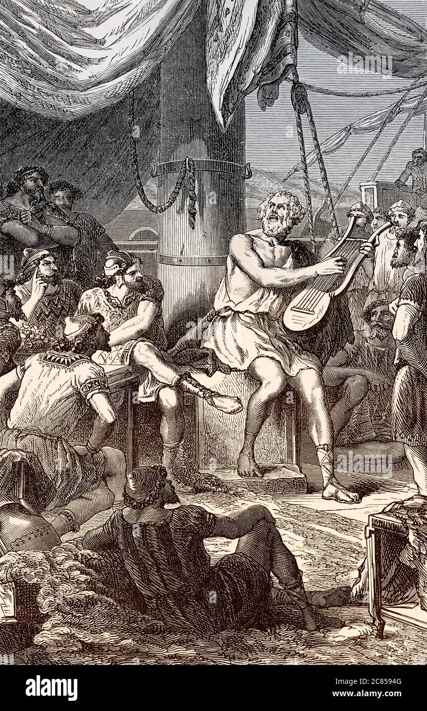 Homer chantant ses poèmes pour le peuple, auteur grec légendaire, Grèce antique Banque D'Images