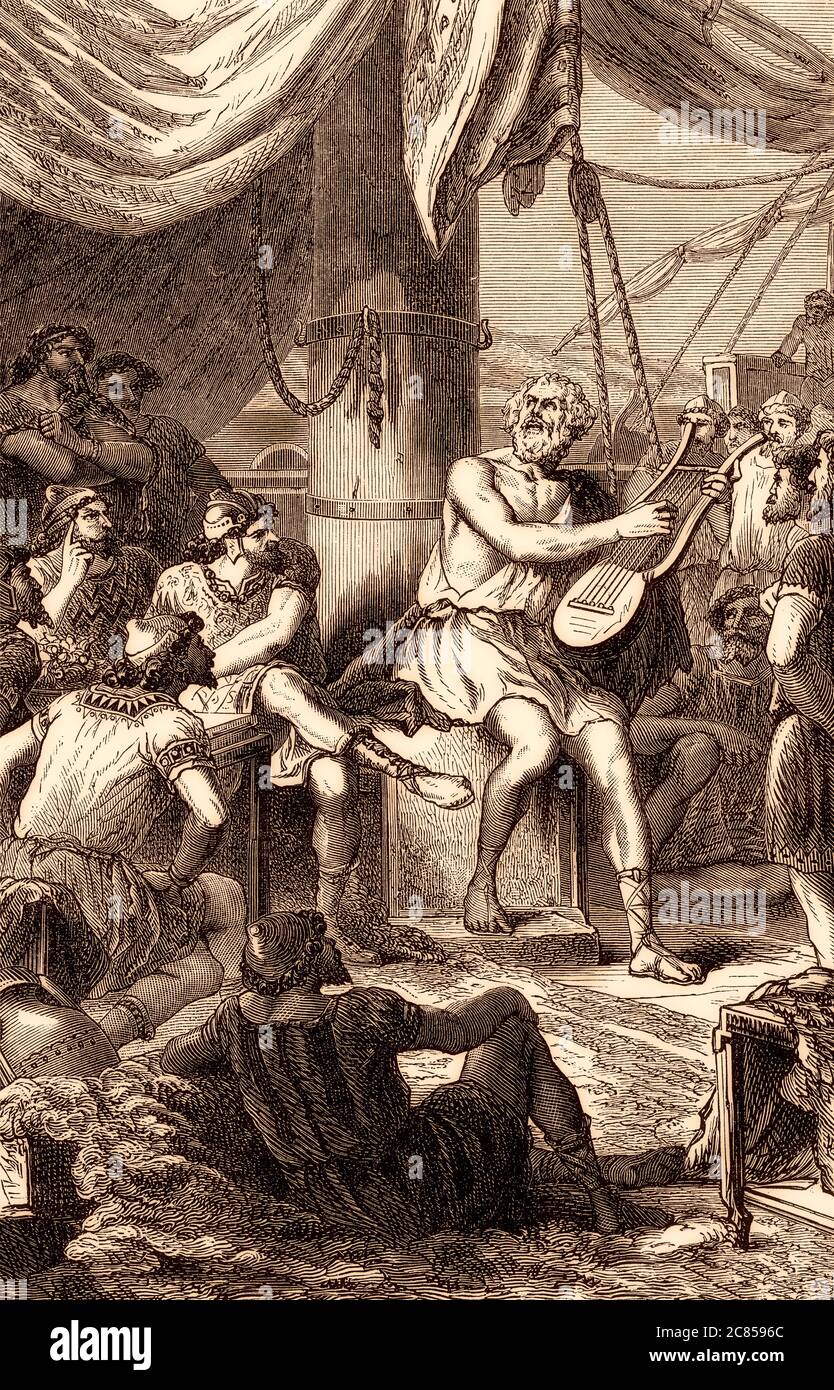 Homer chantant ses poèmes pour le peuple, auteur grec légendaire, Grèce antique Banque D'Images