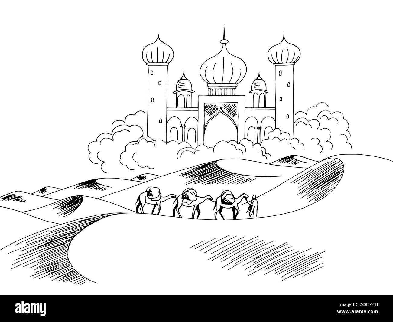 Caravane de chameau Desert Palace mirage graphique noir blanc paysage esquisse illustration vecteur Illustration de Vecteur