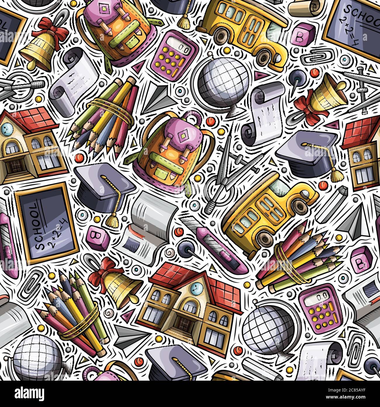 Dessin animé dessiné à la main, motif sans couture de la rentrée Illustration de Vecteur