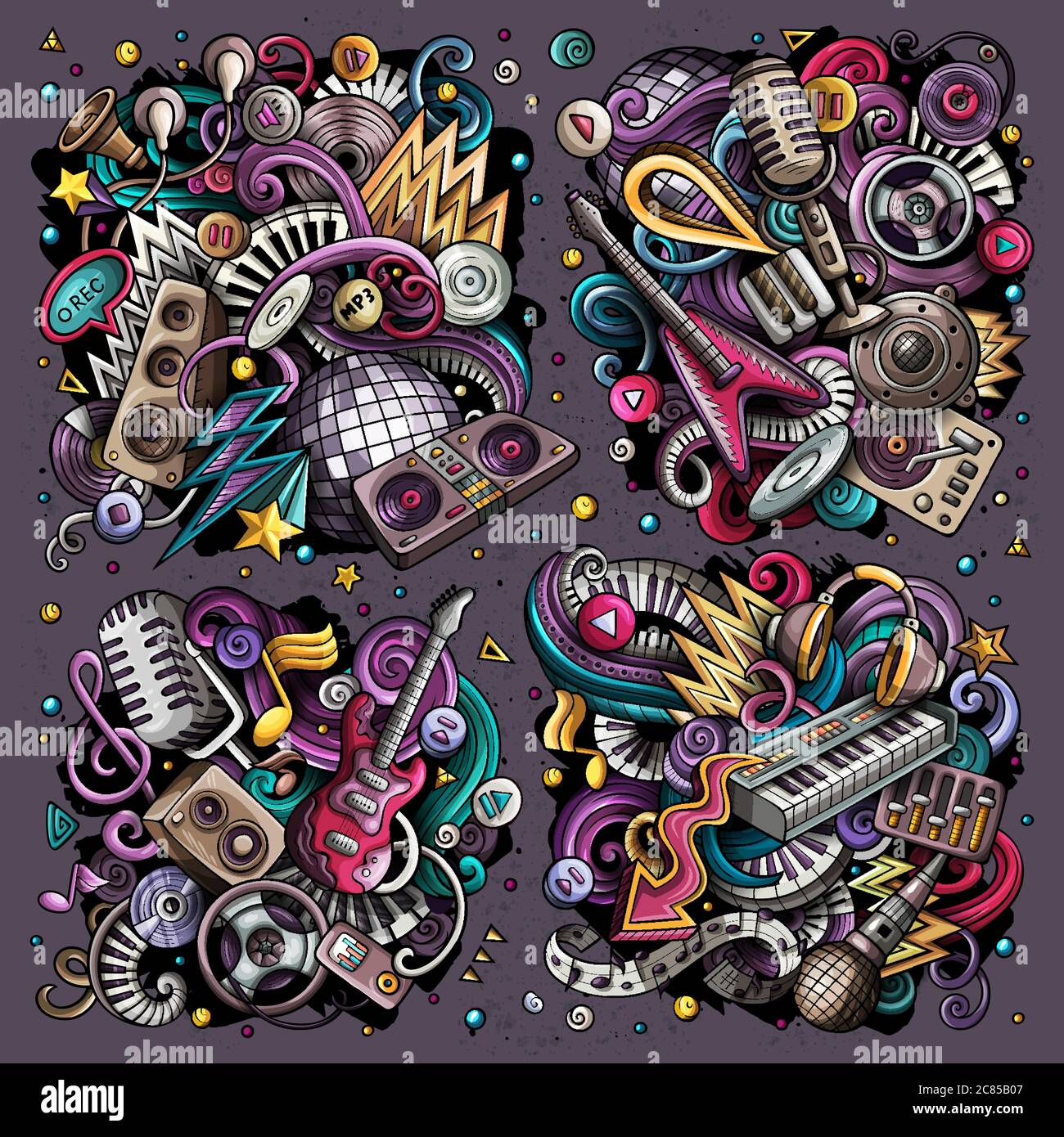 Des dessins vectoriels colorés se combinent à des combinaisons d'objets de musique disco Illustration de Vecteur