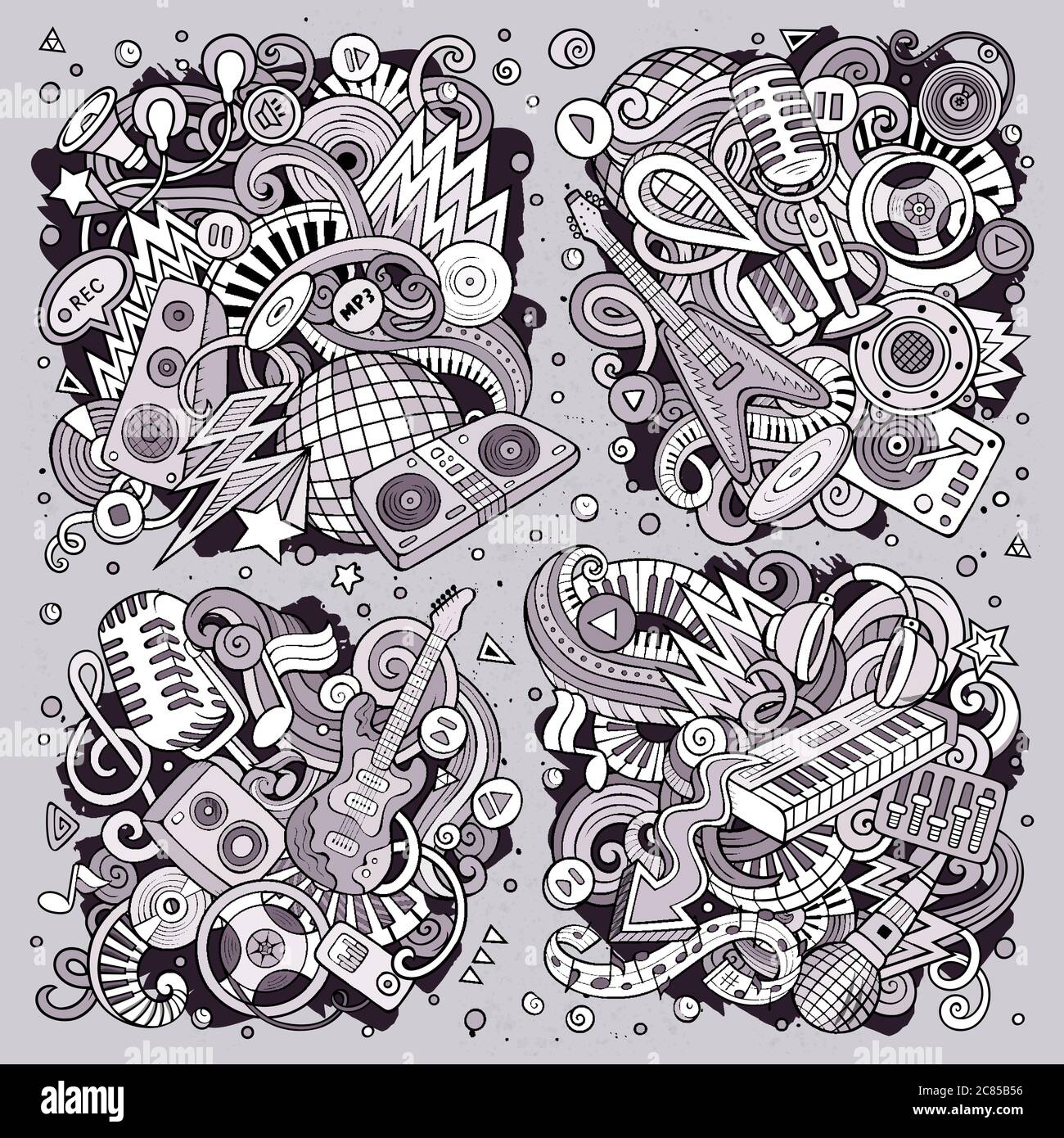 Vector Doodles ensemble de dessins animés de combinaisons d'objets de musique disco Illustration de Vecteur