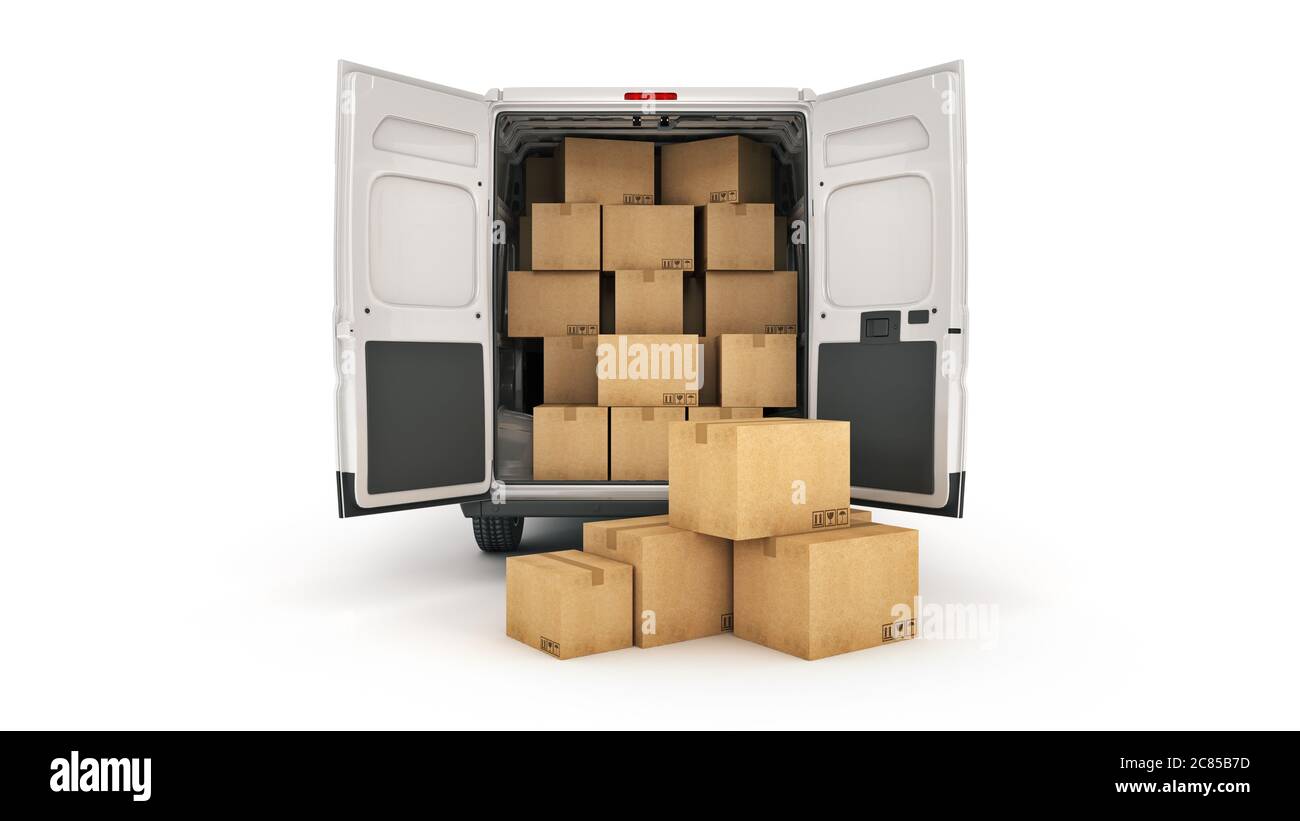 camionnettes de livraison commerciale avec boîtes en carton. rendu 3d Banque D'Images