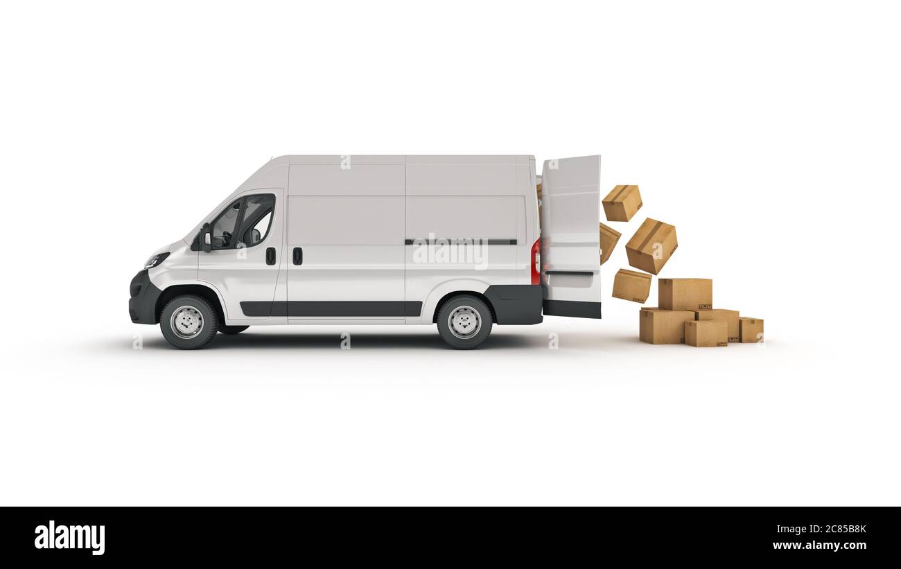 camionnettes de livraison commerciale avec boîtes en carton. rendu 3d Banque D'Images
