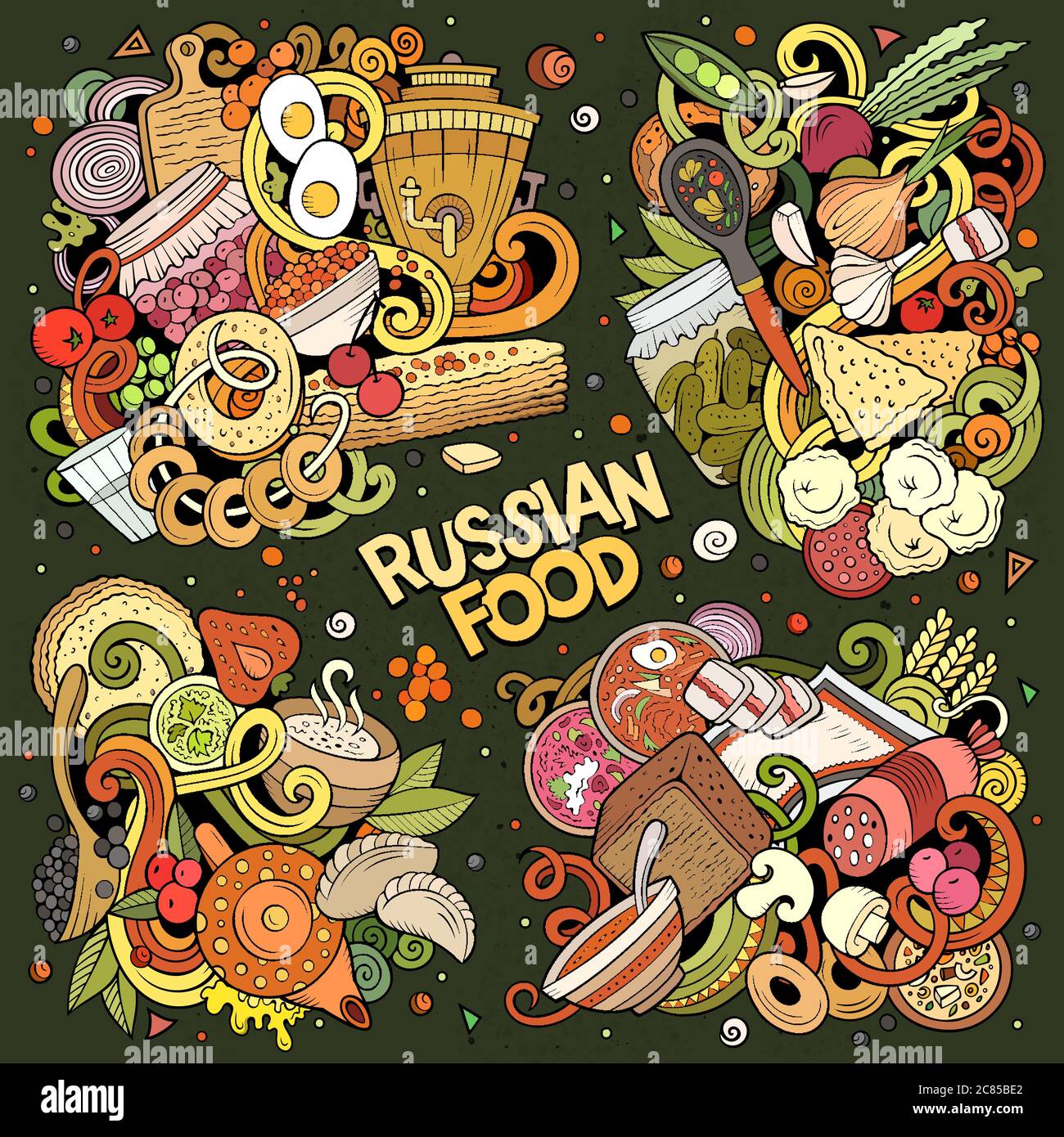 Ensemble de dessins animés colorés vectoriels dessinés à la main avec des combinaisons de nourriture russe Illustration de Vecteur