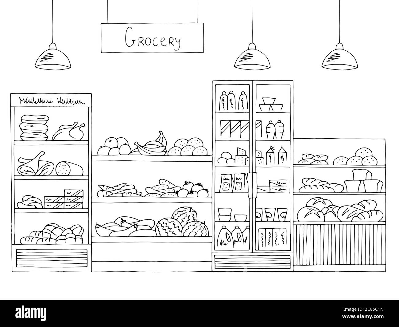 Intérieur de magasin d'alimentation noir blanc dessin graphique illustration vecteur Illustration de Vecteur