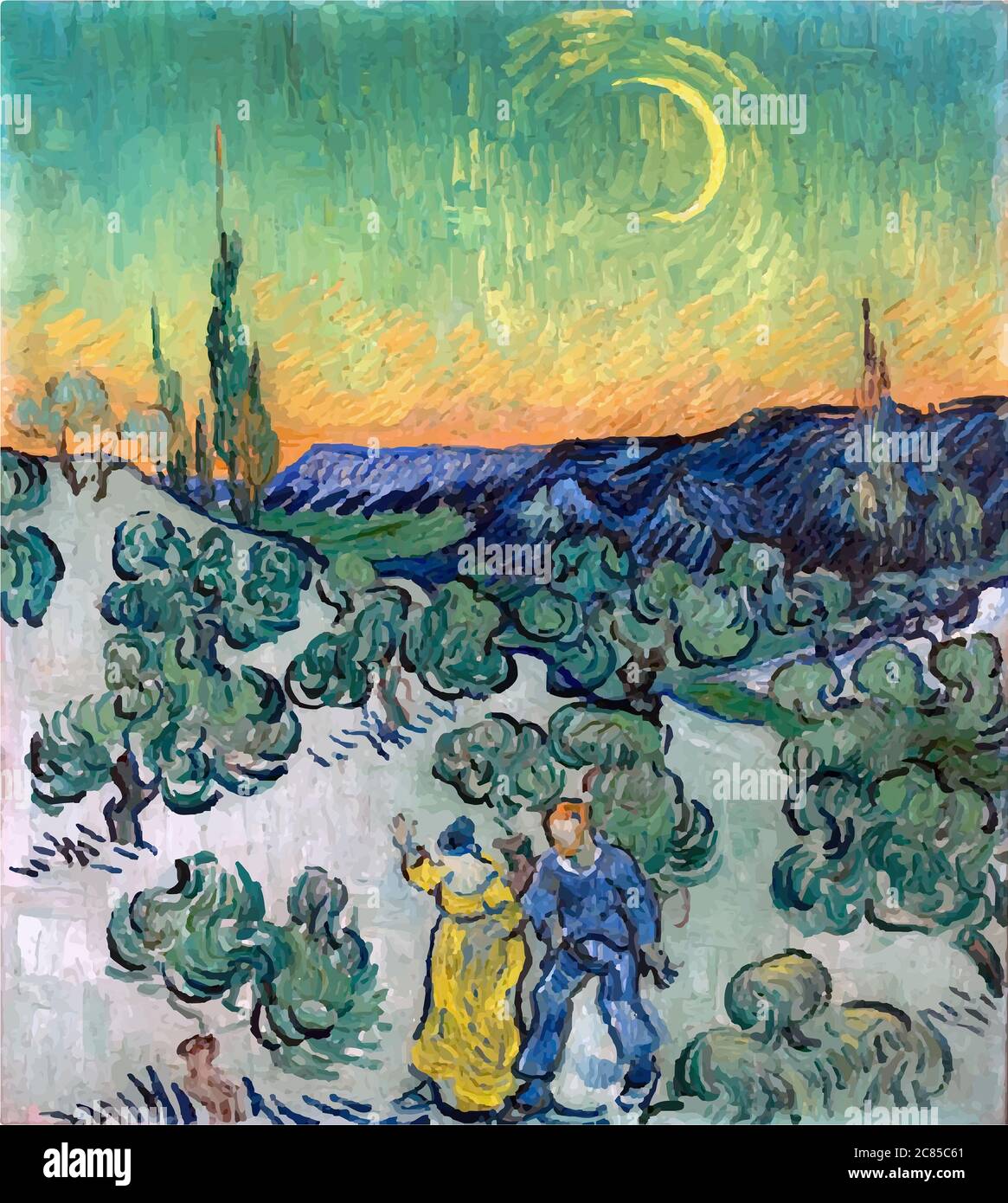 Mon numérique a modifié le couple marchant parmi les oliviers la nuit par Vincent Van Gogh 1890. Le Musée d'Art de San Paulo, Brésil Banque D'Images