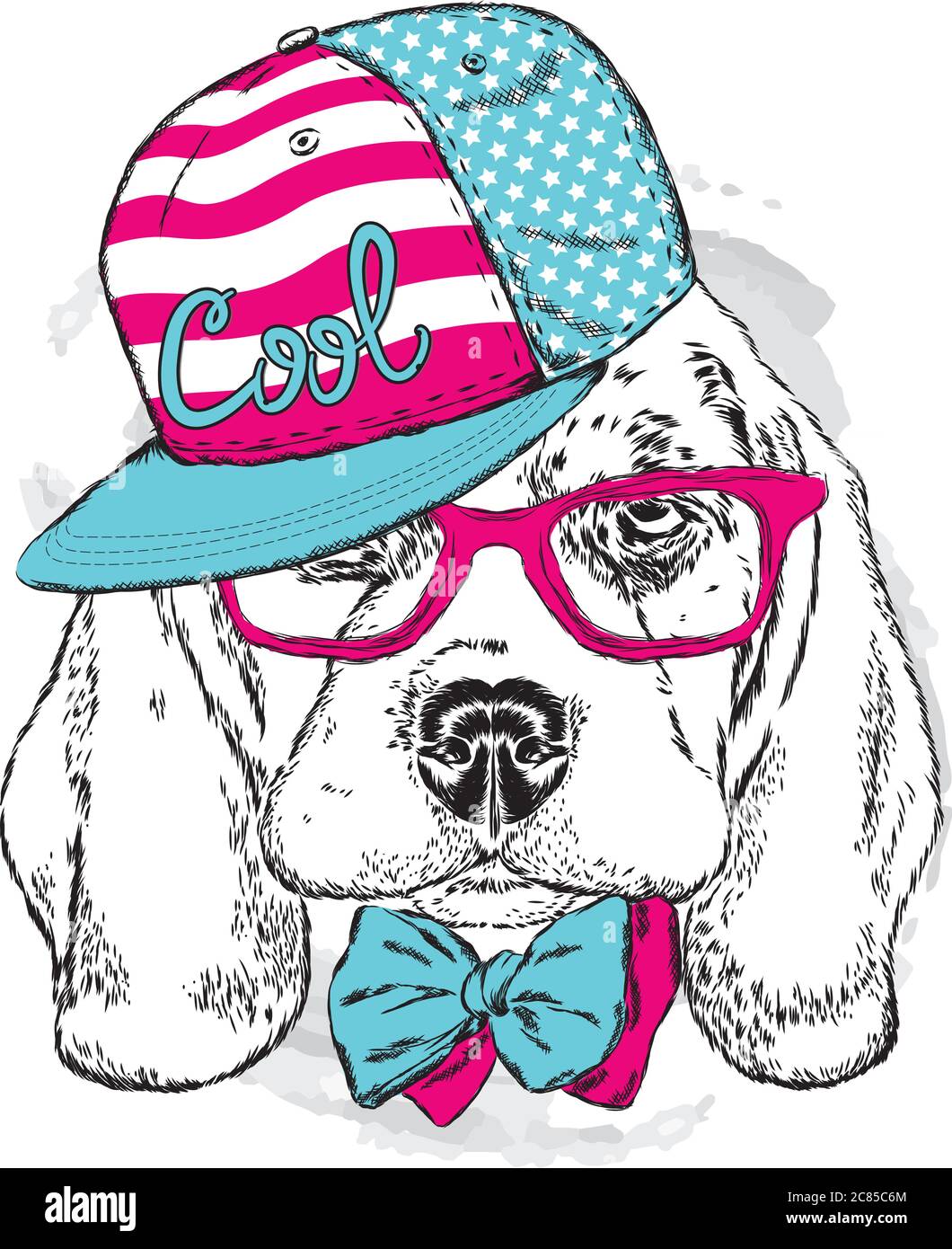 Un beau chien dans un chapeau, des lunettes et une cravate. Illustration vectorielle pour une carte postale ou une affiche, impression pour vêtements. Chiot de race pure. Alabaï ou le Berger Illustration de Vecteur