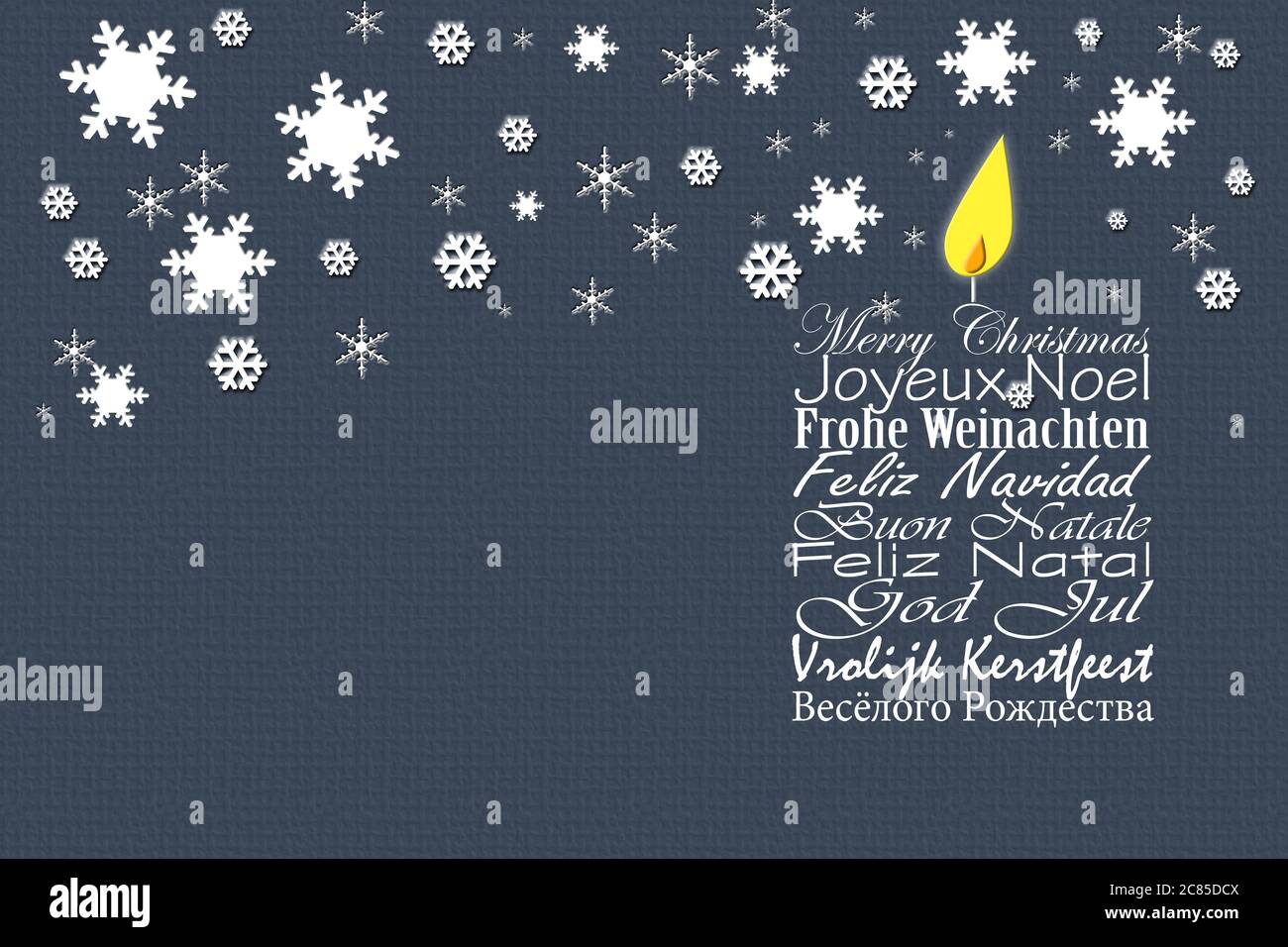 Carte de visite Joyeux Noël. Vœux de Noël en langues européennes Anglais, Français, Allemand, Portugais, Italien, Espagnol, Suédois, Néerlandais, russe sur fond bleu avec flocons de neige. Illustration 3D Banque D'Images